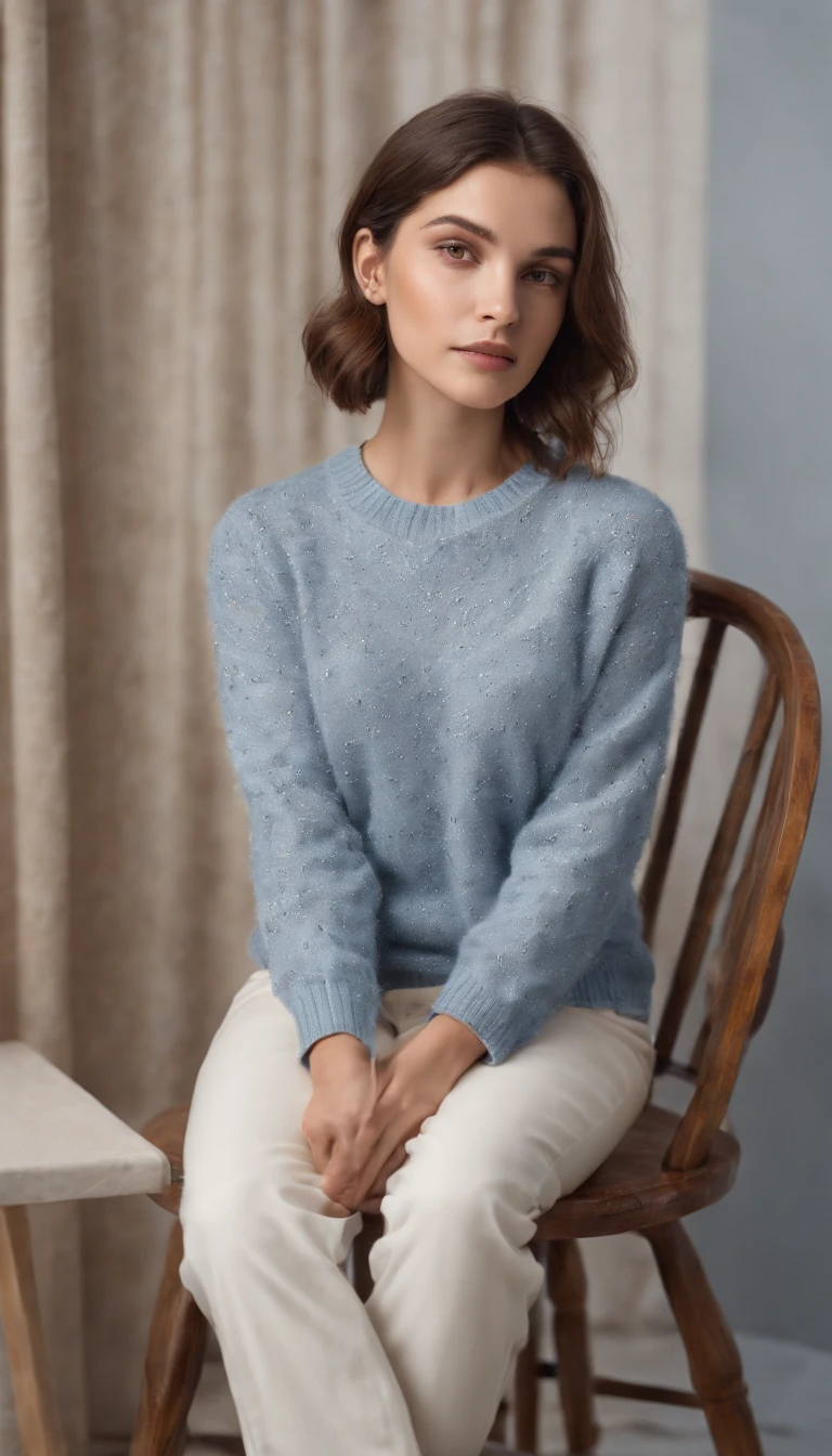 Young woman wearing sweater and sitting on a chair, in the style of light indigo and light amber, Tomàs Barceló, 32k uhd, fine feather details, shiny/ glossy, petcore, grandparentcore