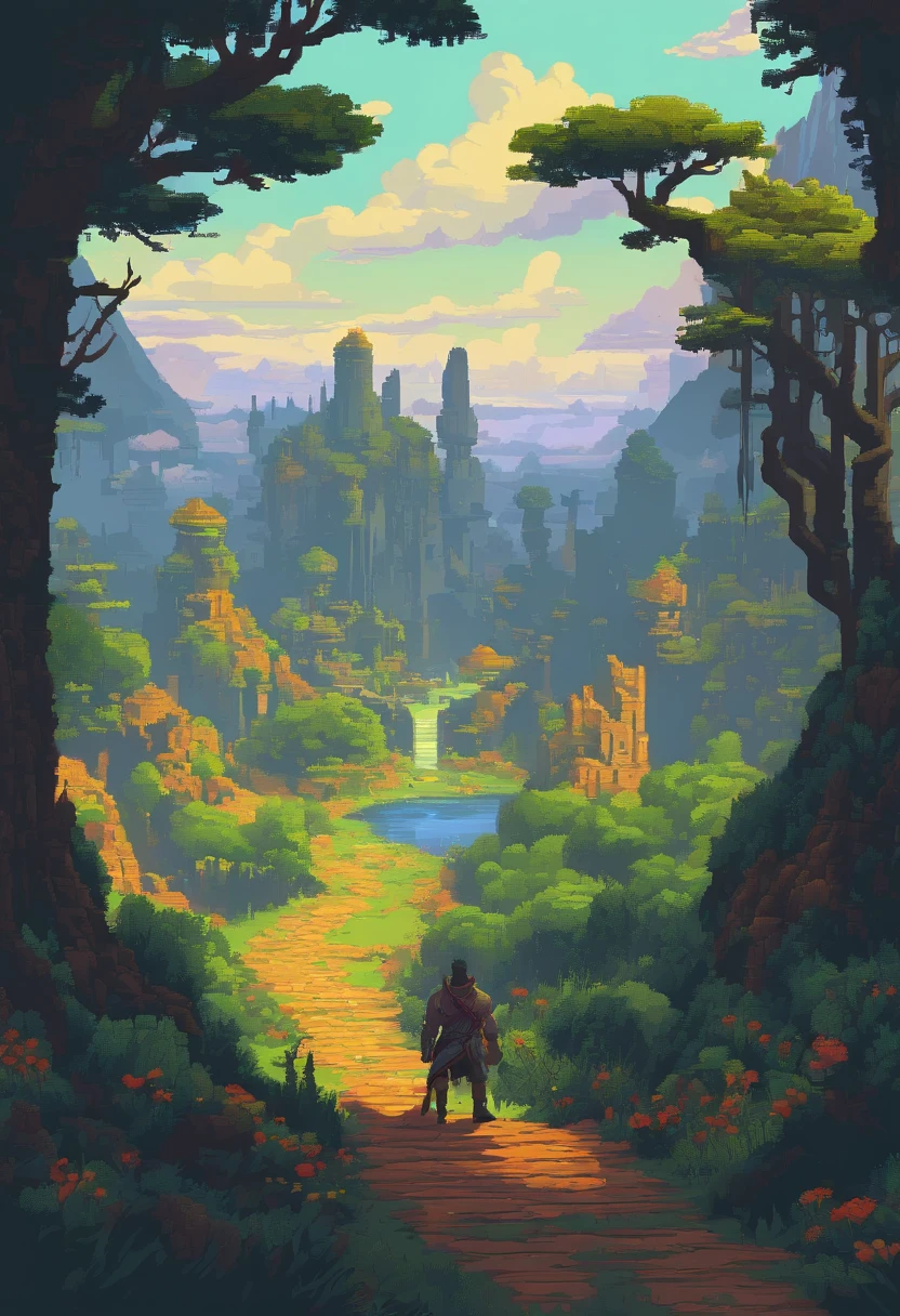 pixelart. Evening. 3D pixel art 4K wallpaper. Incredible pixel art detail. Pixel art. Steam waves,Detailed Unreal Engine pixel art,a man walking through a dark forest with a skull in the background, epic fantasy sci fi illustration, cinematic fantasy painting, an ominous fantasy illustration, 4k highly detailed digital art, grimdark matte fantasy painting, oil paint concept art, epic fantasy digital art style, fantasy concept painting, epic fantasy illustration, awesome greate composition, low detailed. digital painting
