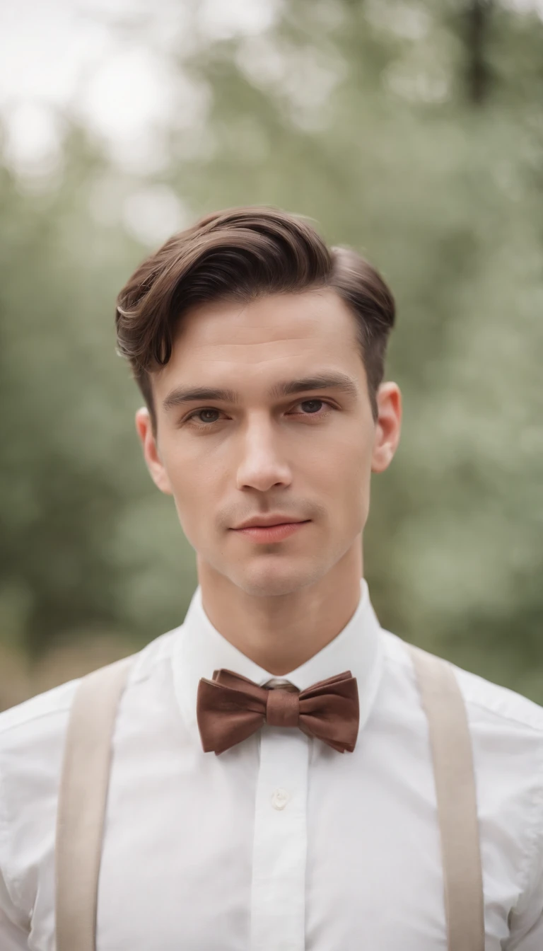 man with rubberized hair, dressed in a white shirt and a vintage-style bow tie, white background, medium close up shot, style of ultrafine detail, high quality photo, 105 mm f/1.2
