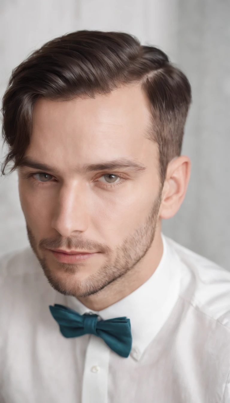 man with rubberized hair, dressed in a white shirt and a vintage-style bow tie, white background, medium close up shot, style of ultrafine detail, high quality photo, 105 mm f/1.2