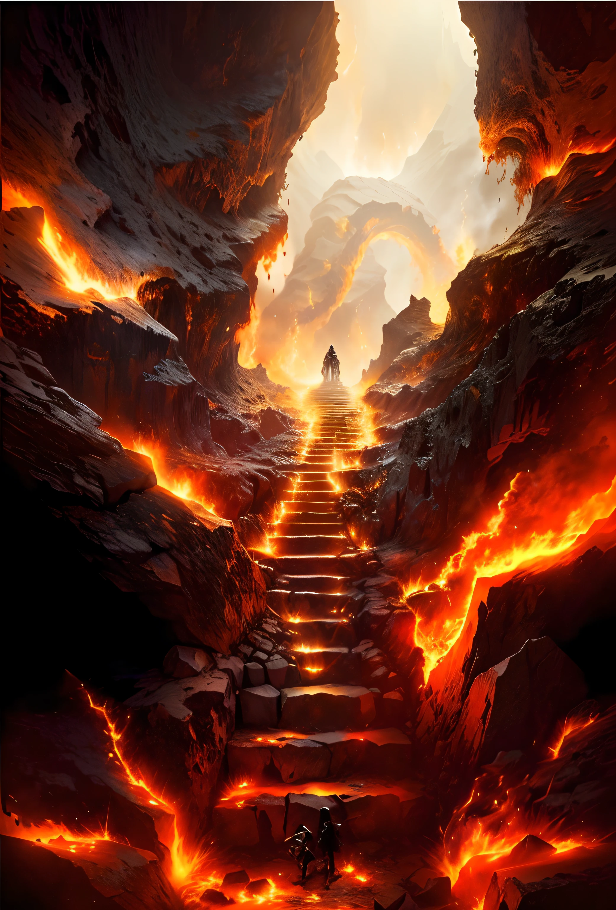 A man walks up the stairs in a cave, stairs from hell to heaven, Hellscape, Travel through hell, portal to hell, Out of the flames, portal to hell, stairway to heaven, portal to hell, Surreal hell, portal to hell, Stand in hell, iintricate、Epic composition, amazingly epic visuals, Hell background,skelleton,Skeleton falls apart on the road