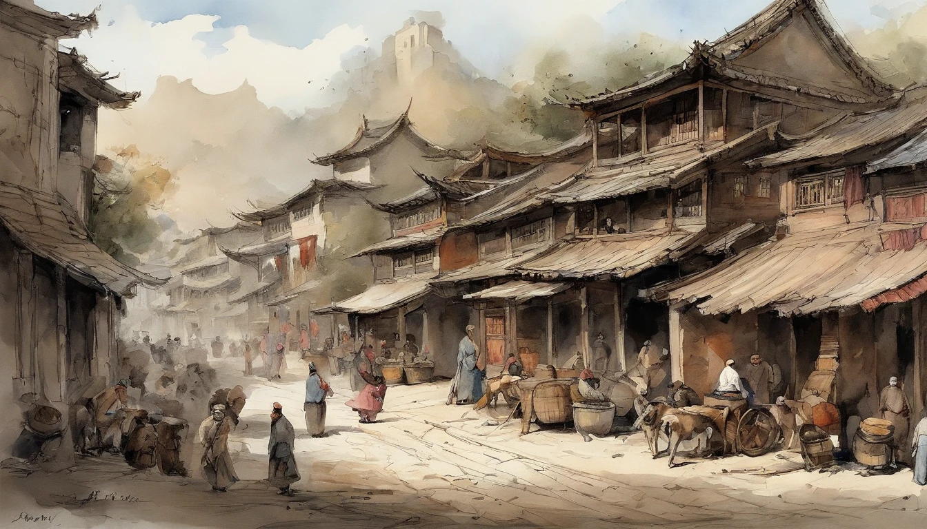 Chinese ink,Oriental ink style,The town street down the hill,of a guy,Roadside streets,bustling crowd,Selling meat in line,Men work in shops,butcher shop,One-story building,Lower floors,Quadrangle,Courtyard type,super-fine,Carefully portrayed,high qulity,8K,