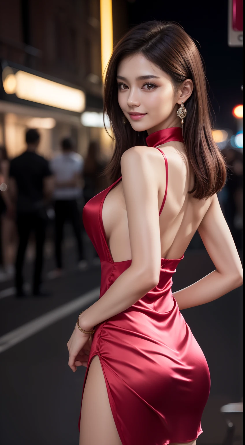 8K, tmasterpiece, photo RAW, beste-Qualit, Photorealistic, extremely detailed 8K CG wallpaper, Depth of field, cinematiclight, glares, ray traced, (extremely beautiful face, Beautiful lips, pretty eyes), Intricate facial detail, ((ultra detailed skin)) 1girl, in the dark, deep shadow, Pretty Korean girl, kpop idol, 1 girl, (Very thin and slim muscular body:1.3), ((looking a viewer)),(A big smile:1.3), (Bright pink blouse), (sleeveless) , (Fashion City Night, It's dark night, (neon lights sign), (blurred background), Trendy street night),(There are no people in the background:1.3), Beautiful earrings, bangles, collar, pantyhouse, light eyes, Andante, (pale skin), (big eyes), facing forward, ((upper body face shot)), ((Silk dress:1.3)),(brown-hair),((Tight dress with laces)), (see through), (looking a viewer:1.3) open-chest, very thin, Average Breasts,, Back turned,((backside shot)), see through, Medium cigarette butts, mini skirt, hair pulled back, ((elongated hips))