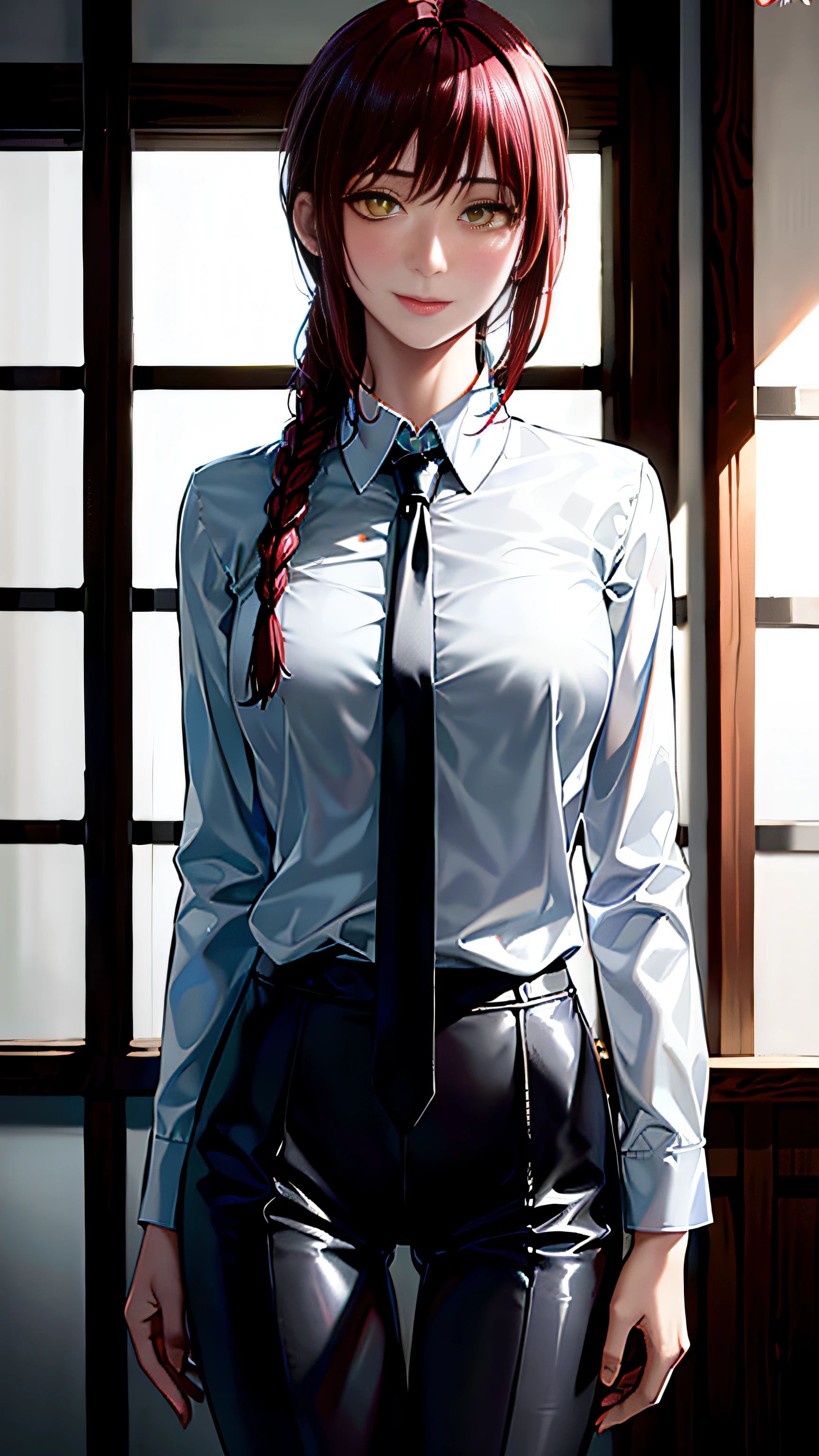 detailed shiny skin, (realistic, photo-realistic:1.4), a pretty girl, standing, looking out of window, white shirt, collared shirt, black necktie, black trousers, long sleeves, slight smile (nose blush), yellow eyes + ringed eyes, short hair + red hair + long braided hair, makima \(chainsaw man\)