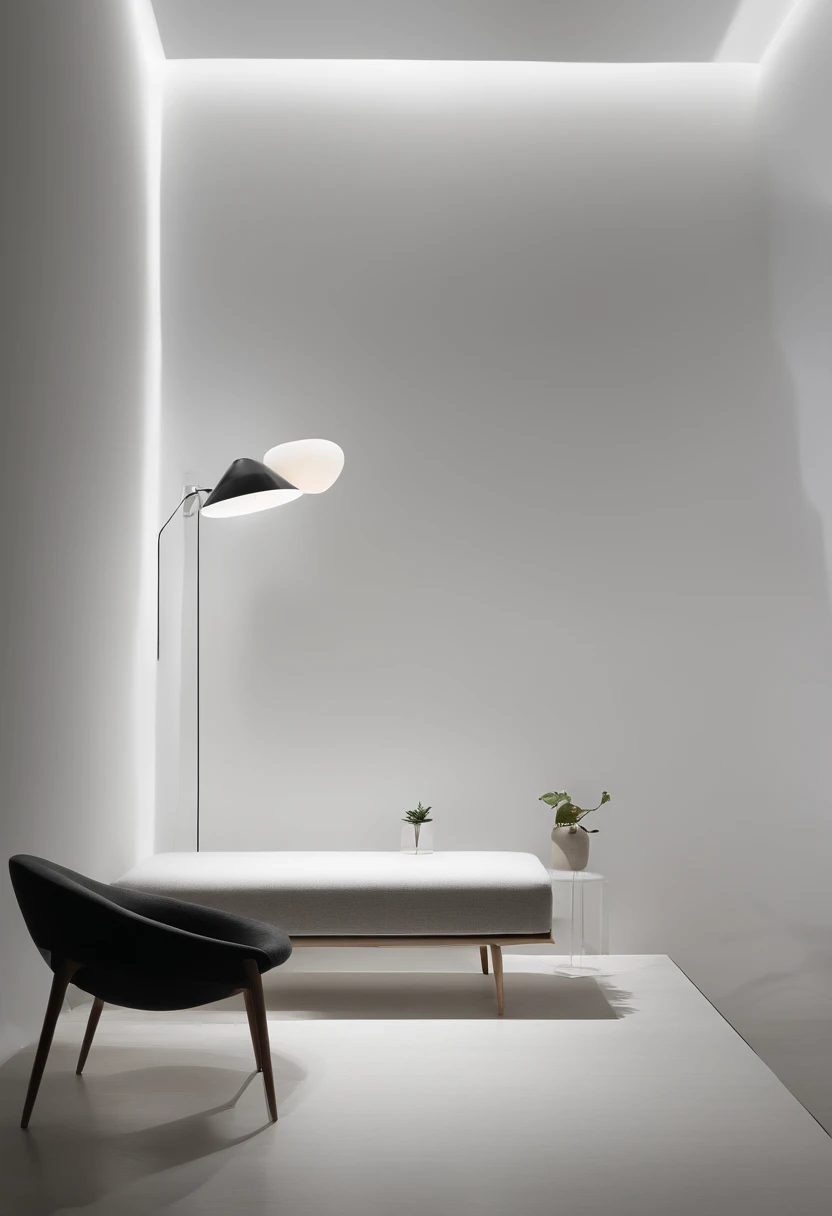 The interior space is dominated by white walls,The floor material is concrete,On the ground are placed three circular warm light spherical lamps,Next to it sits a gray vase,The ceiling hangs three staggered round bulbous of warm light,In the middle stood a girl with long hair and a white dress watching the lamp