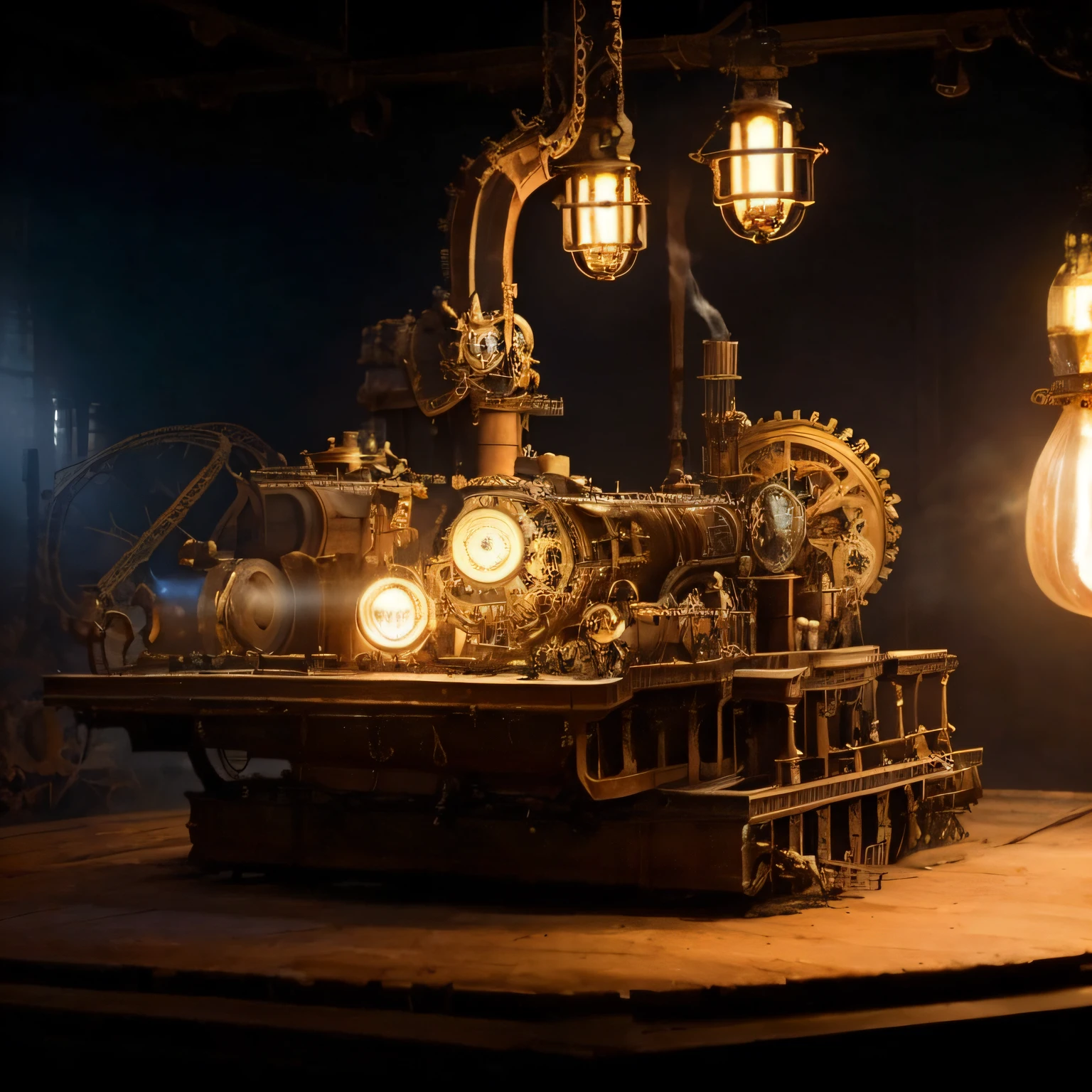 there is a steam engine with a light bulb on it, gears and lights, steampunk machinery, the grand steampunk piano, steampunk aesthetic, set in a steampunk world, steampunk tech, intricate machine in space, steampunk setting, ( mechanical ), industrial light magic, steampunk imagery themed, by Aleksander Gierymski, steampunk submarine!, steam-punk