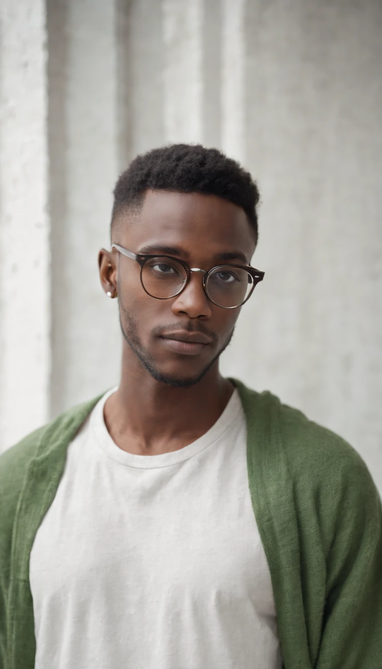 young black man wears hipster style, wearing glasses, green and white clothing, attractively posing, weathered white wall, strong side lighting, half length shot, high quality photo.
