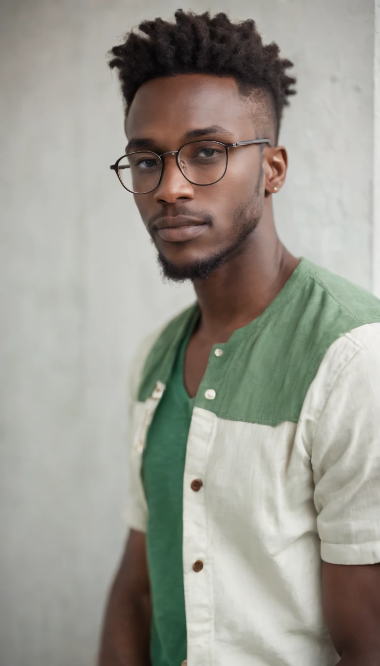 young black man wears hipster style, wearing glasses, green and white clothing, attractively posing, weathered white wall, strong side lighting, half length shot, high quality photo.