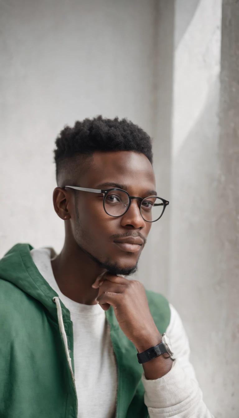 young black man wears hipster style, wearing glasses, green and white clothing, attractively posing, weathered white wall, strong side lighting, half length shot, high quality photo.