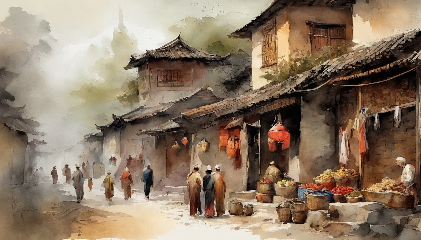 Chinese ink,Oriental ink style,The town street down the hill,of a guy,Roadside streets,Queue up to sell meat,Men work in stores,butcher shop,One-story building,Lower floors,Quadrangle,Courtyard type,super-fine,Carefully portrayed,high qulity,8K,