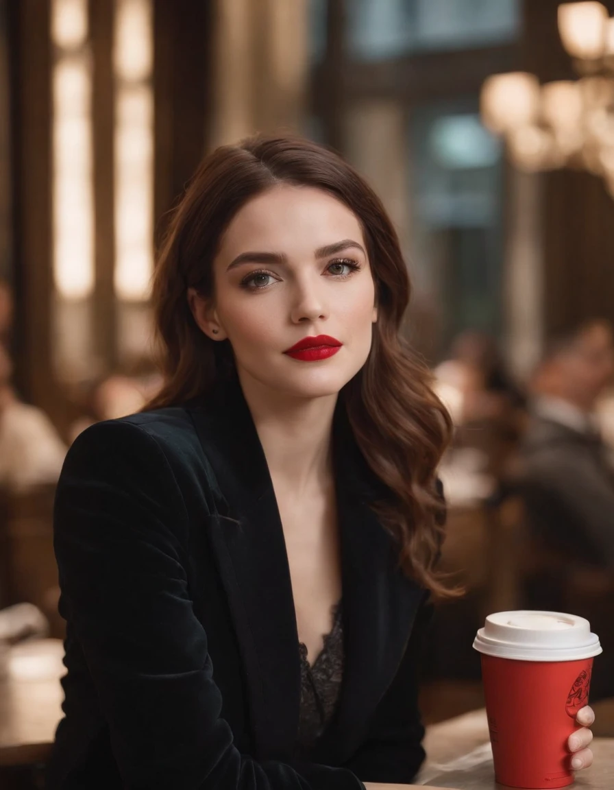 2010s fashion, medium close up, canon ef 85mm f/1.2l ii usm, a woman is sitting with her coffee in a restaurant，（Hands down）， wearing a black jacket and red lips, emphasis on facial expression, street fashion