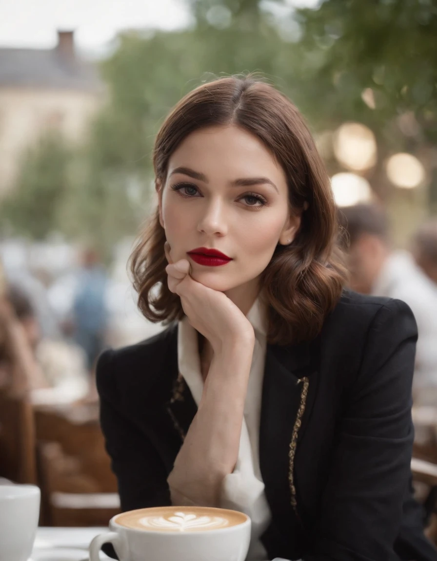 2010s fashion, medium close up, canon ef 85mm f/1.2l ii usm, a woman is sitting with her coffee in a restaurant,(Hands down), wearing a black jacket and red lips, emphasis on facial expression, street fashion