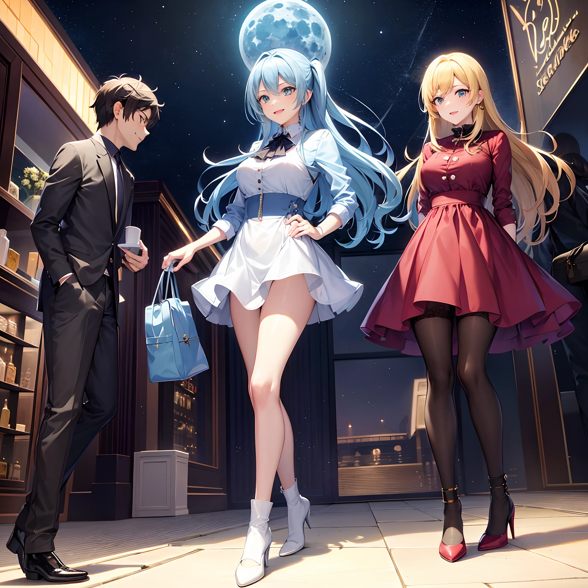 {{{{{masutepiece,Best Quality,ultra-detailliert}}}}},Happy laughter,Beautiful woman in flight jacket and ruffled light blue georgette fabric dress、Stand at the mall with a Hermes Kelly bag. She wears knee-high socks,The night sky is shining with the moon and stars,