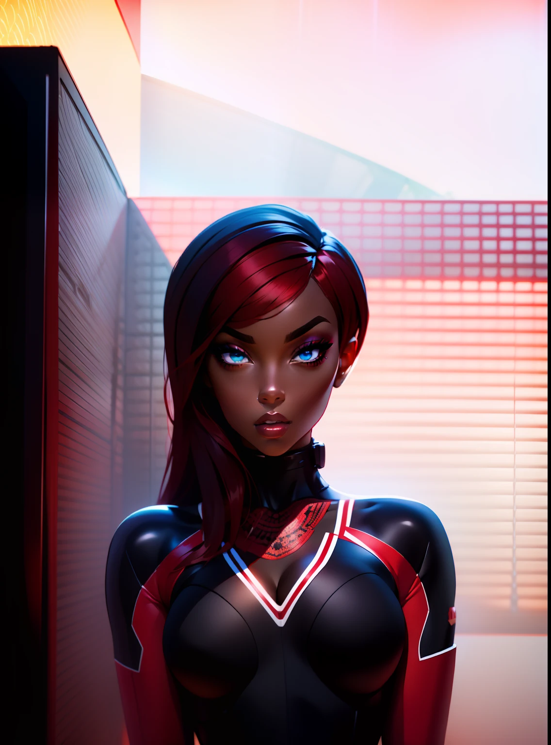 (best quality,highres),black adult woman,short hair with red tips,blue eyes,African descent,red and black color scheme,artistic portrait,studio lighting