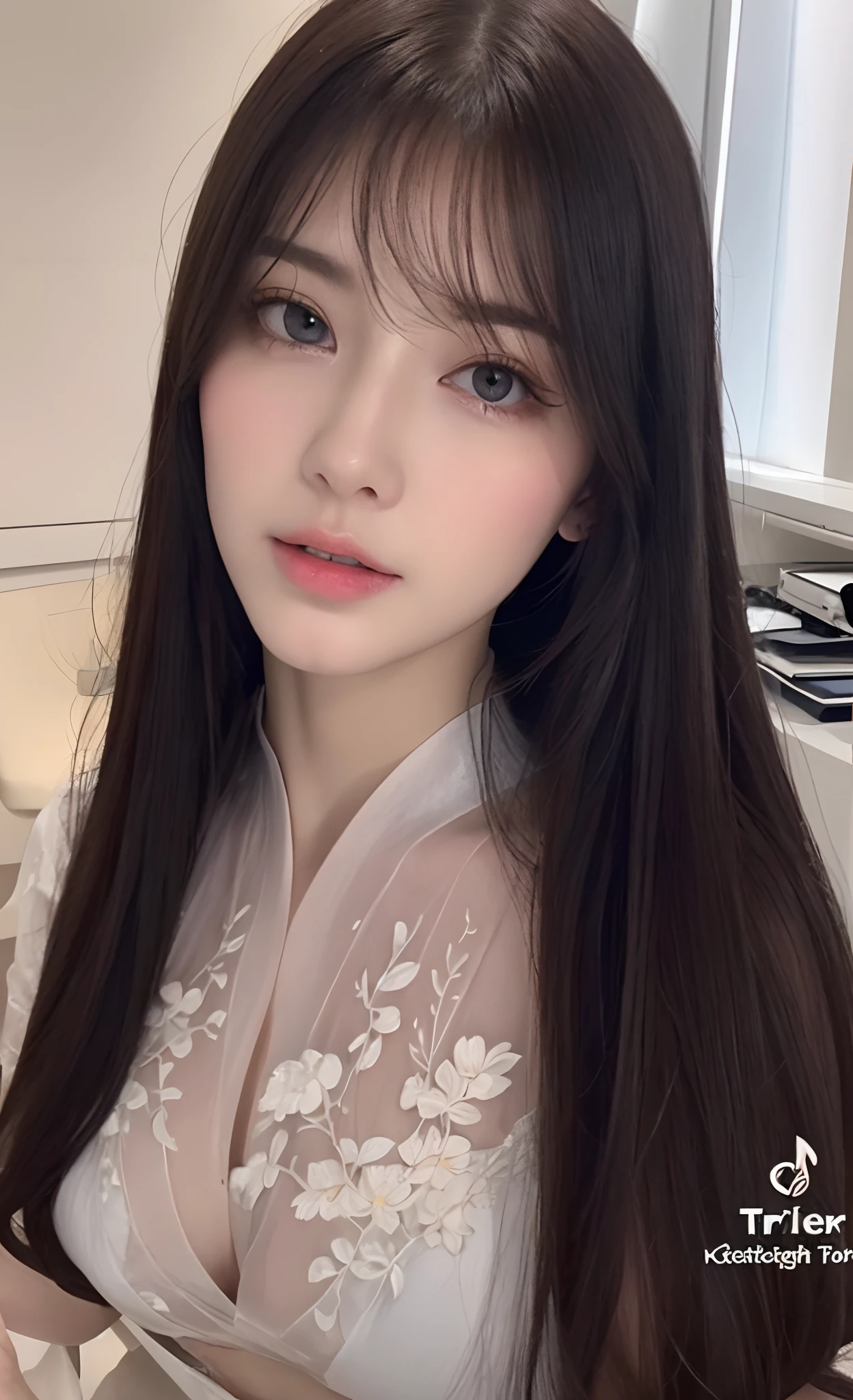 8k, Top image quality、Raw photography、超A high resolution、A pretty girl、Colossal tits:1.3、cleavage of the breast:1.3 , (detailed  clothing), (detailed hanfu), full body, fair white skin、shiny white skin、(wavy blonde hair)、dark brown hair、dark brown hair、Beautiful eyes with random colors、very thin lips, finely detail、elongated eyes、pale pink blush、long eyeslashes、Beautiful double eyelids、eyeshadows、master Office、Lighting that emphasizes beautiful skin、Lustrous skin