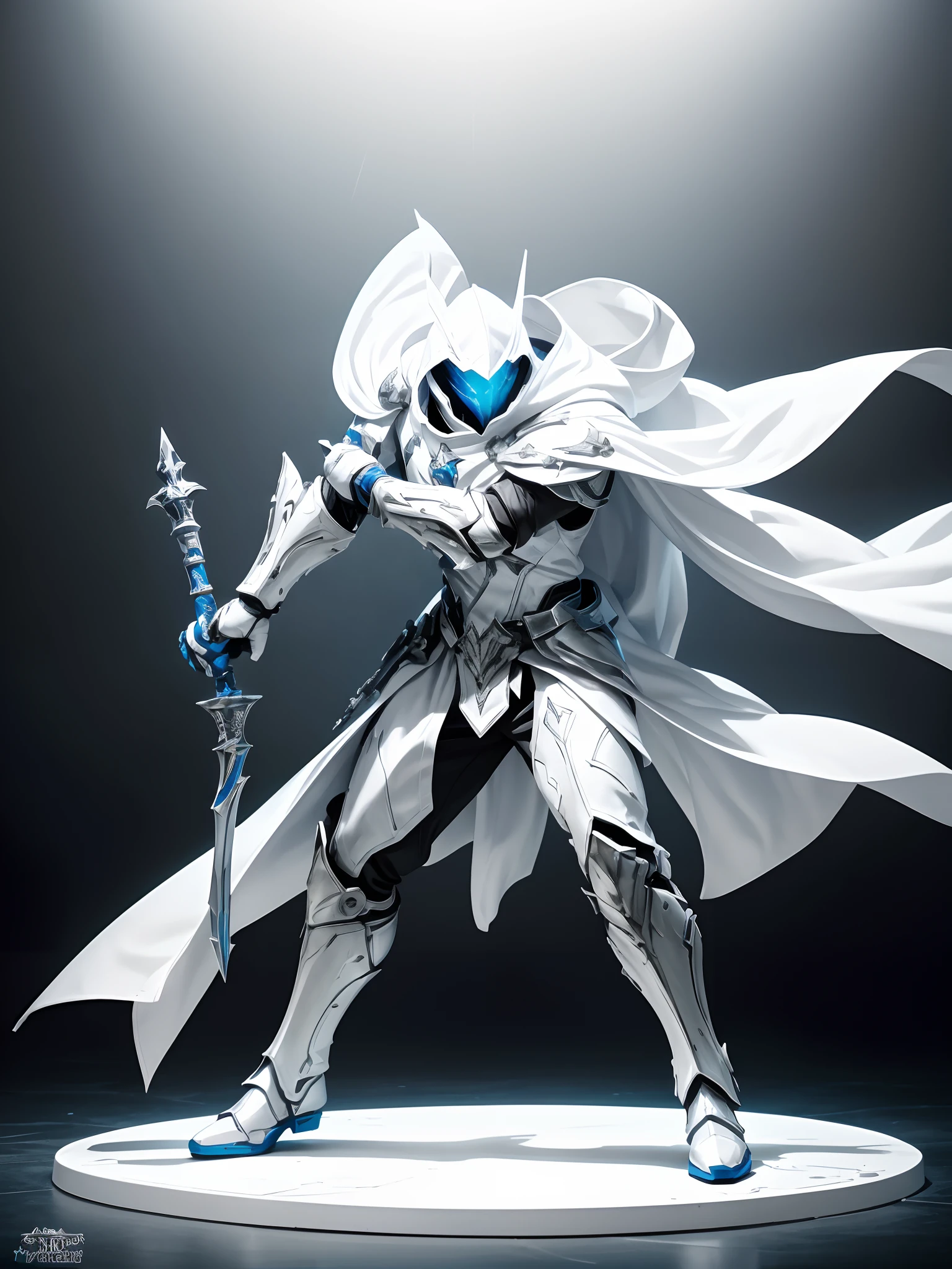 Commercial style shot, (action figure of Battle Priest in a warframe style armor with a white great hammer), (white blue and silver color scheme), (white hood with white flowing cloak), plastic material with metallic coating, (solid color background), centered, full body shot, (dynamic action stance pose), black round stand base, vibrant colors, visible figure joints, cinematic shot, volumetric lighting, intricate pattern detail, highly detailed