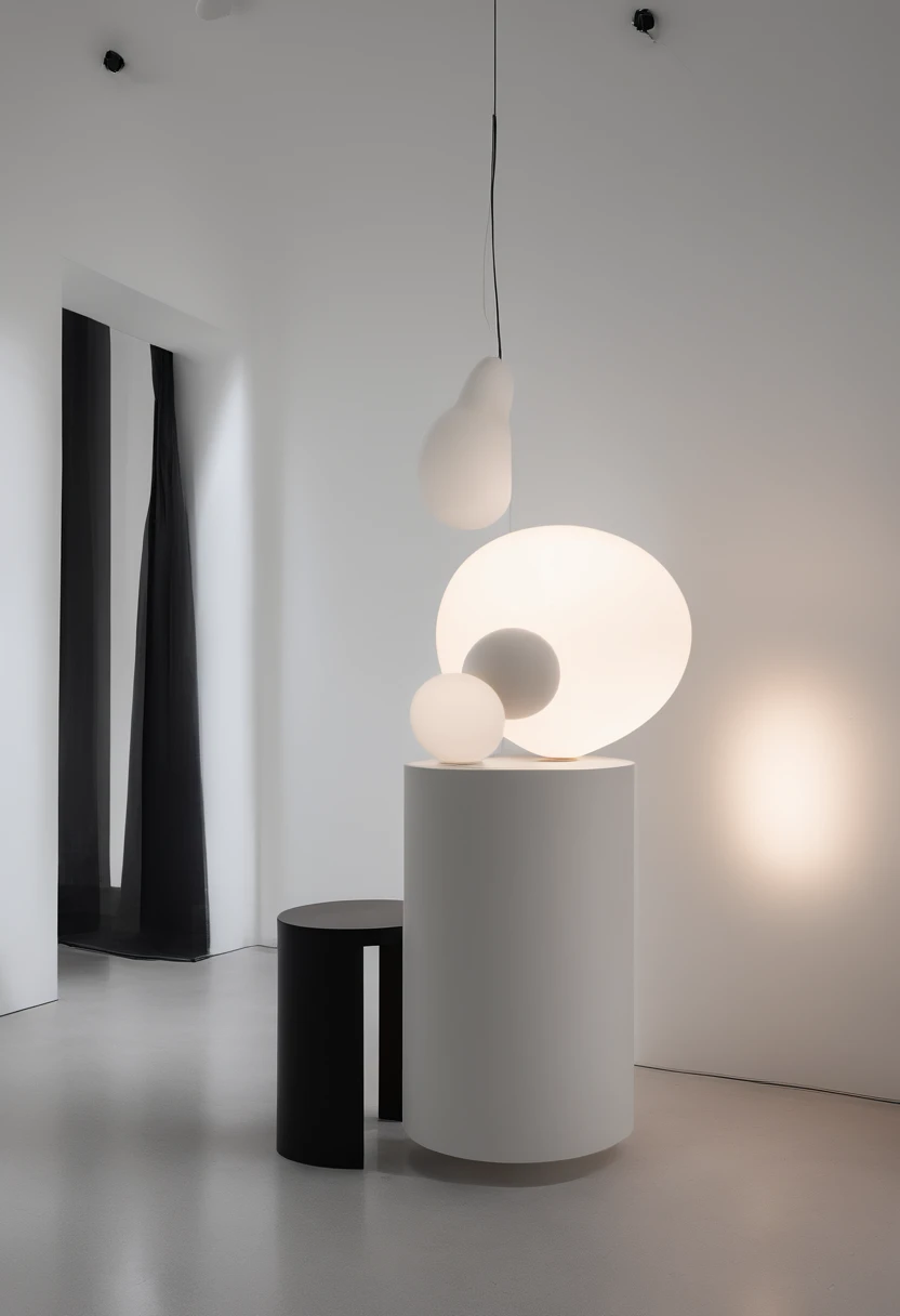 The interior space is dominated by white walls,The floor material is concrete,Place three circular warm light spherical lights on the ground,Next to it was a gray vase,Three staggered circular balls of warm light hang from the ceiling,In the middle stood a girl with long hair and a white dress,Look at the lamp。