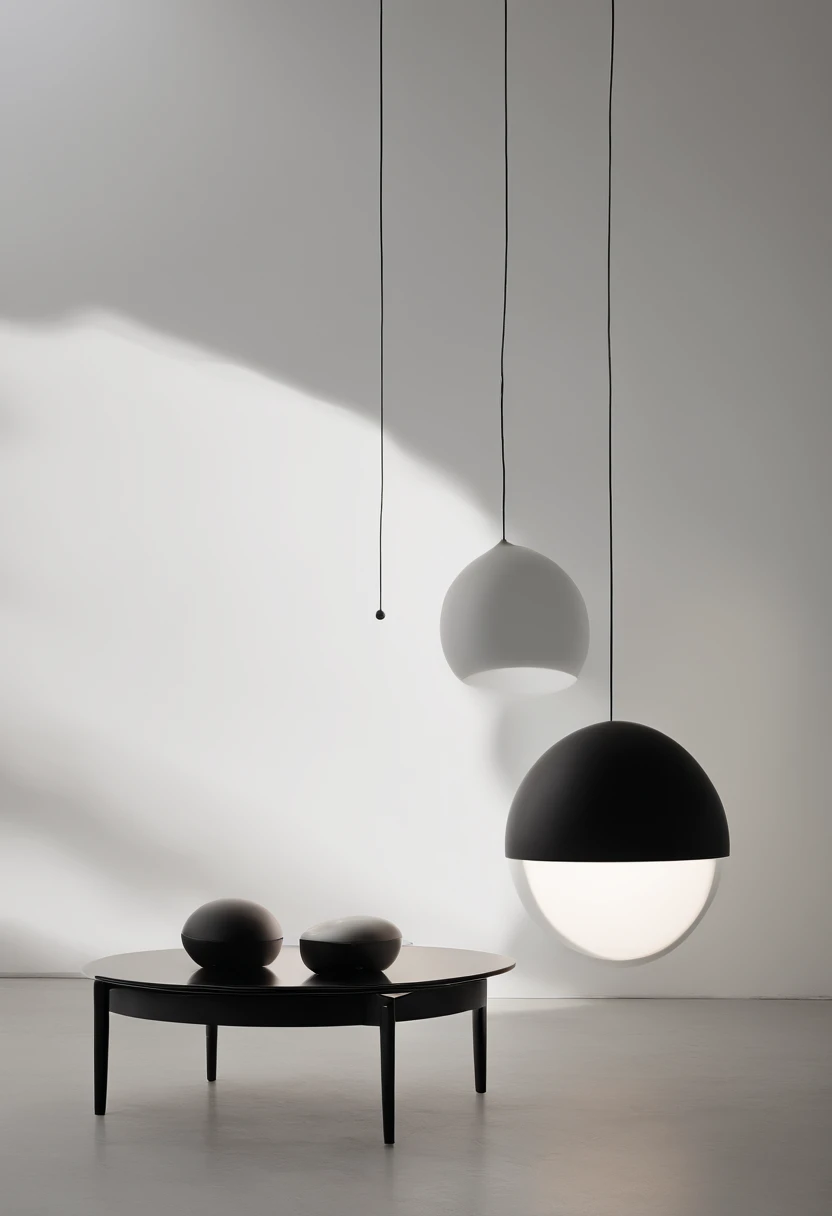 The interior space is dominated by white walls,The floor material is concrete,Place three circular warm light spherical lights on the ground,Next to it was a gray vase,Three staggered circular balls of warm light hang from the ceiling,In the middle stood a girl with long hair and a white dress,Look at the lamp。