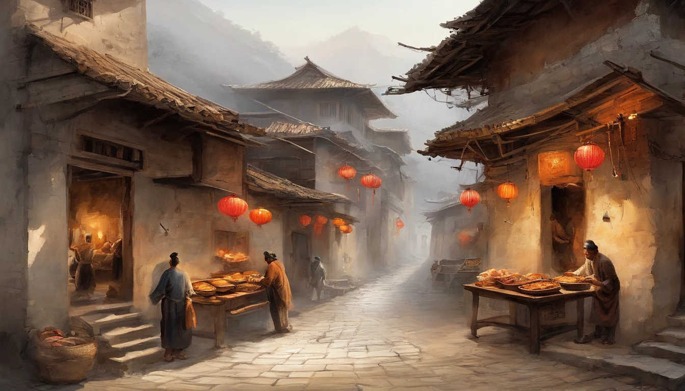 Chinese ink，Oriental ink style，The town street down the hill，of a guy，Roadside streets，Queue up to sell meat，Men work in stores，butcher shop，One-story building，Lower floors，Quadrangle，Courtyard type，super-fine，Carefully portrayed，high qulity，8K，