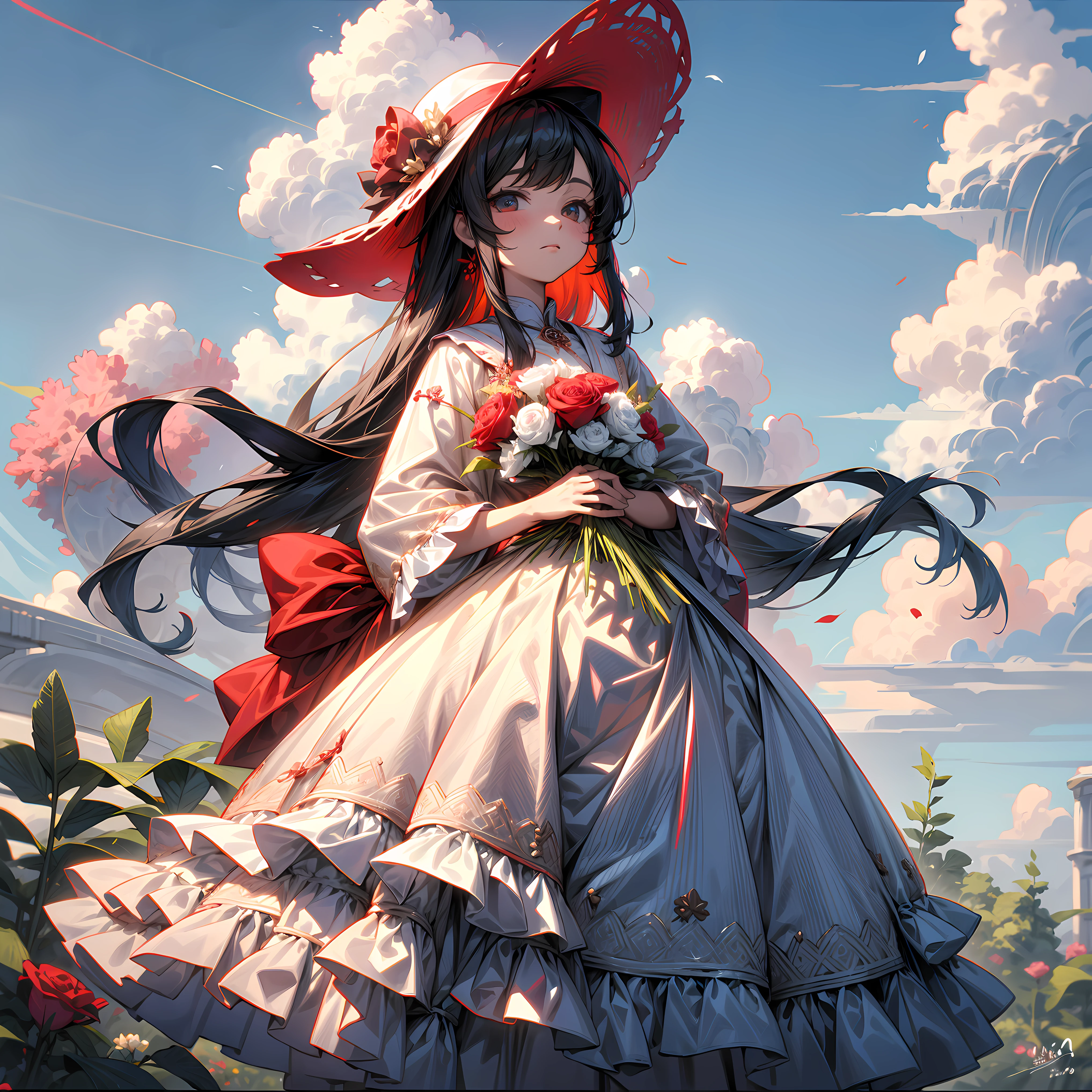 ((master part, best quality)), 1girl, Cidades, estilo niji, flor, sozinho, vestir, propriedade, heaven, Cloud, kalap, ao ar livre, franja, bouquet, Rosa, no expression, corar, cabelo rosa, Campo de flores, flor vermelha, olhos cor-de-rosa, vestido branco, Olhando para o Viewer, cabelo midium, segurando flor, seios pequenos, rosa vermelha, holding bouquet, sunhat, white headwear, profundidade de campo