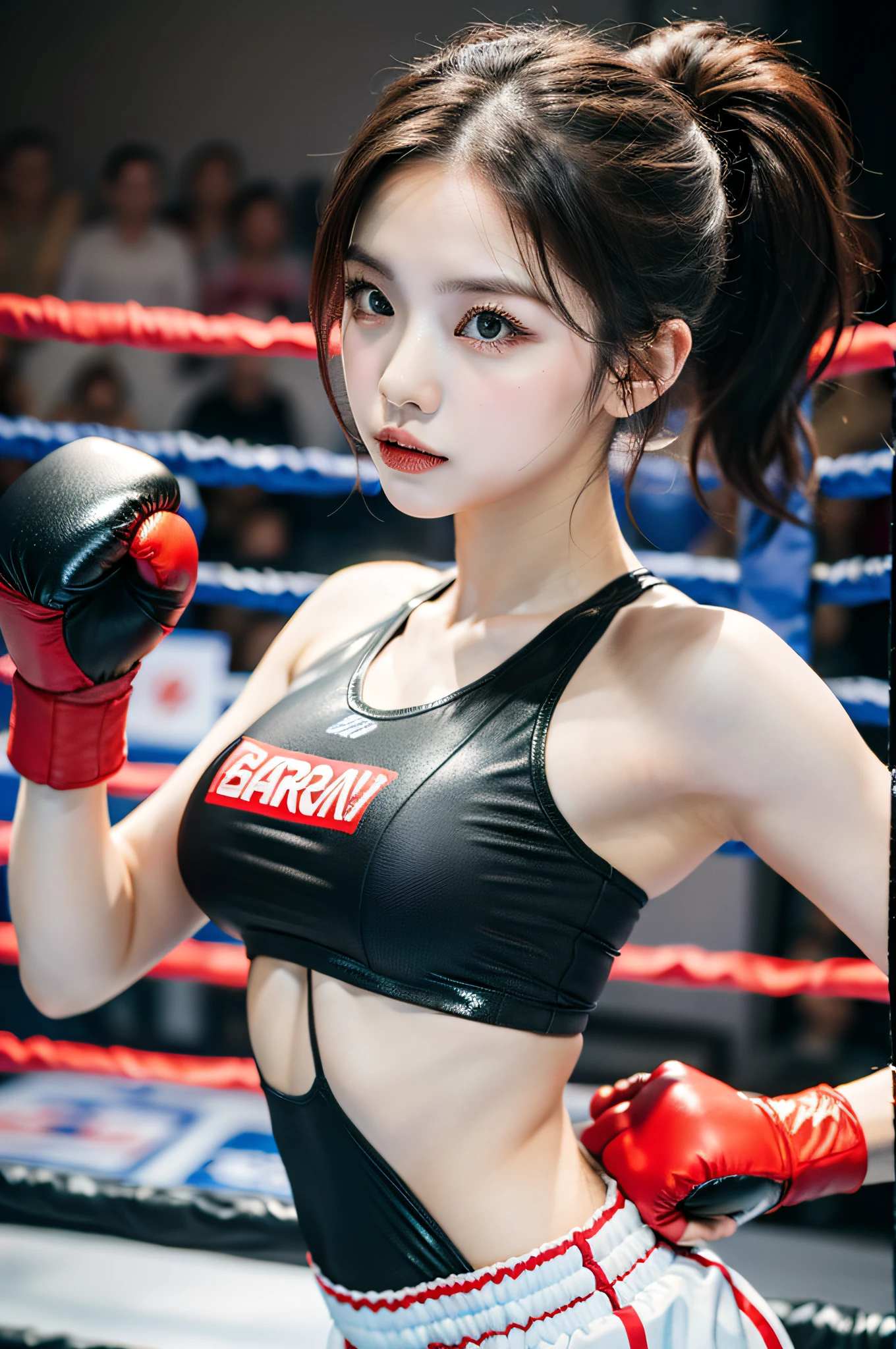Best Quality, Very elaborate CG Unity 8K wallpapers, boxer, (Photorealsitic:2), 超A high resolution, Highly detailed, A hyper-realistic, 1girl in, (Boxing gloves), Floral pattern, colourfull_head_hair、(((very_short_head_hair))), Short hair, Full Shot, Looking at Viewer, ((Boxing rings)), Bright atmosphere, spot light, Detailed background