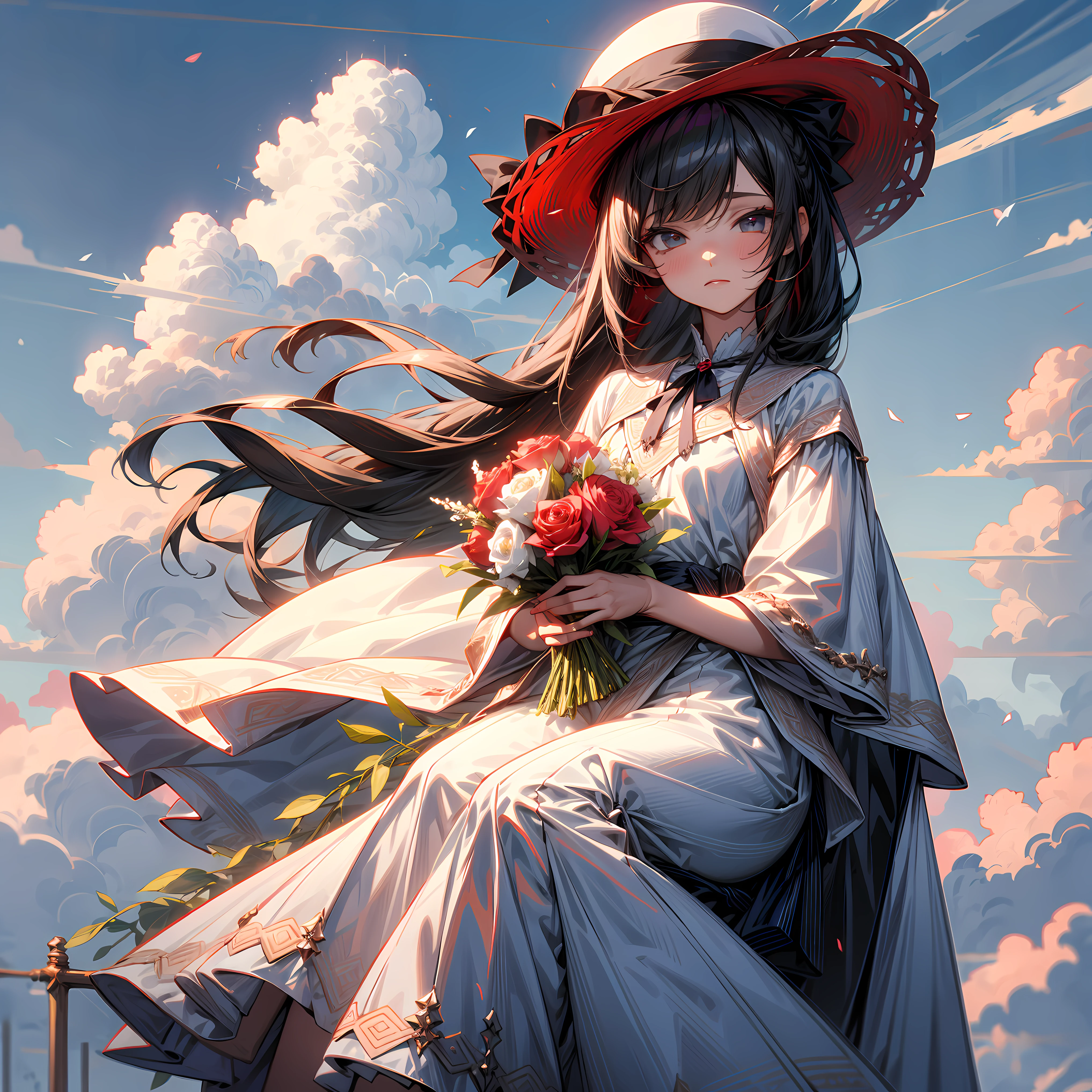 ((master part, best quality)), 1girl, Cidades, estilo niji, flor, sozinho, vestir, propriedade, heaven, Cloud, kalap, ao ar livre, franja, bouquet, Rosa, no expression, corar, cabelo rosa, Campo de flores, flor vermelha, olhos cor-de-rosa, vestido branco, Olhando para o Viewer, cabelo midium, segurando flor, seios pequenos, rosa vermelha, holding bouquet, sunhat, white headwear, profundidade de campo