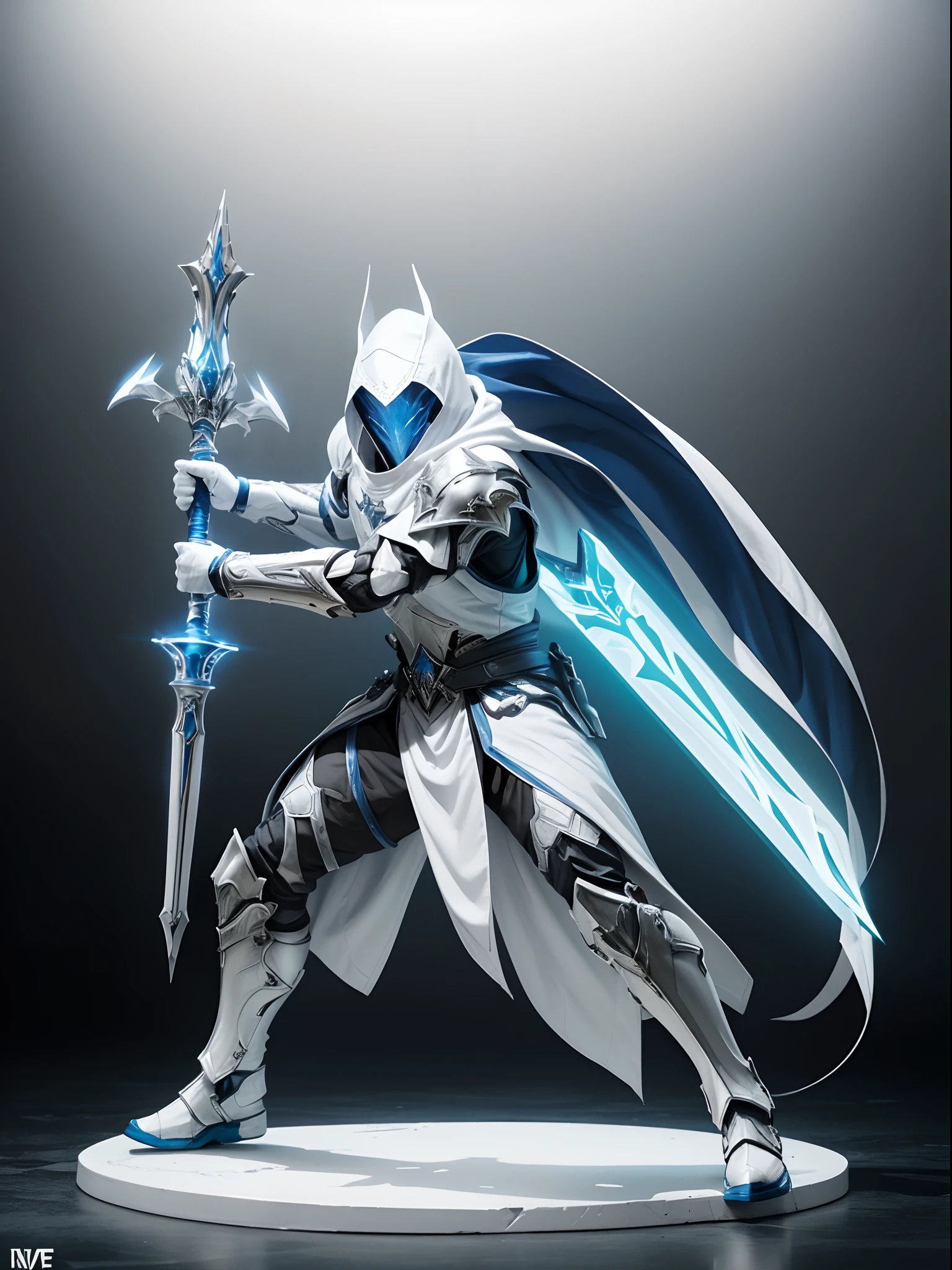 Commercial style shot, (action figure of Battle Priest in a warframe style armor with a white great hammer), (white blue and silver color scheme), (white hood with white flowing cloak), plastic material with metallic coating, (solid color background), centered, full body shot, (dynamic action stance pose), black round stand base, vibrant colors, visible figure joints, cinematic shot, volumetric lighting, intricate pattern detail, highly detailed
