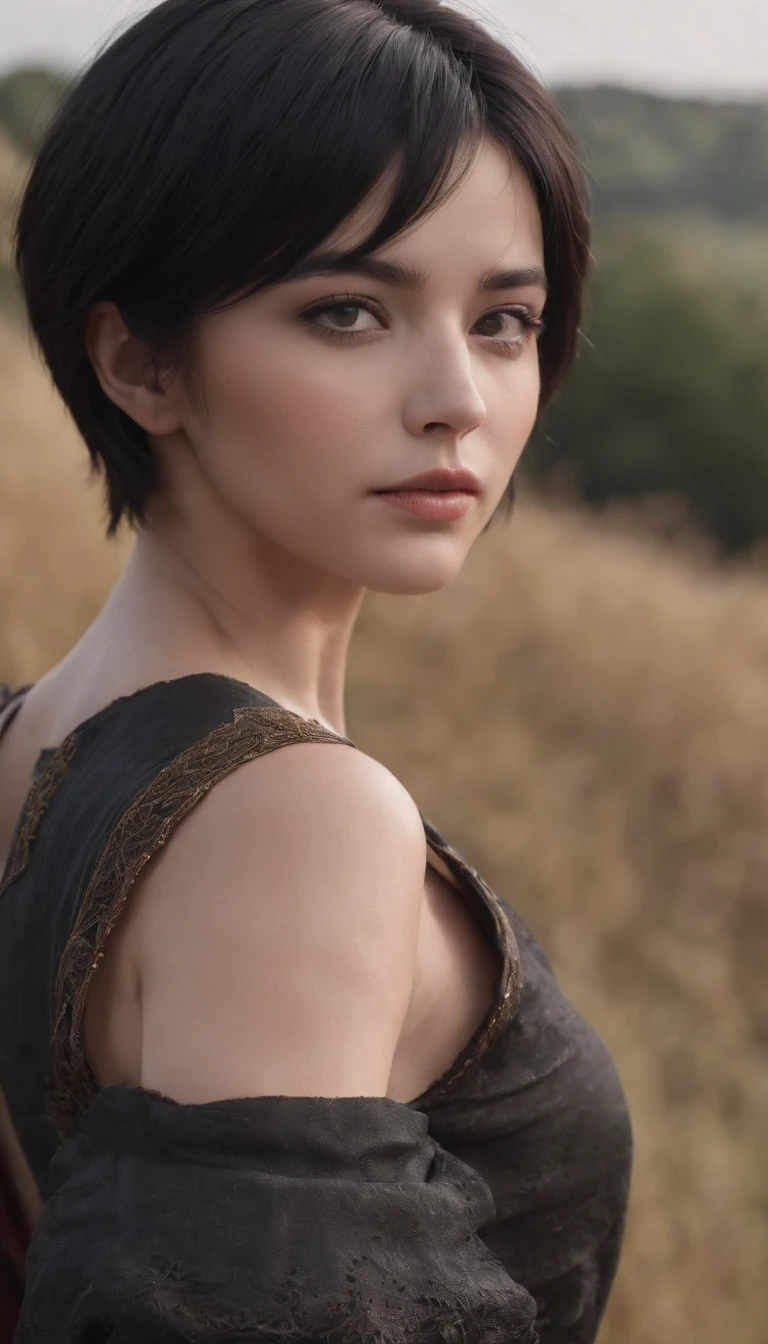 Masterpiece , A girl, in a field, ( with short black hair:1.2), (Black eyes:1.2),  (looking at viewert:1.2) , (8K, Best quality 1.2), Ultra-detailed, 8K  UHD, Soft lighting, High quality, filmgrain, Beautiful lighting, Cinematic ,Perfect body , Best illumination, Best shadow, Sharpness, Contrast, Red glasses, Messy hair, , absurdres high detailed face, steel armour, big sword