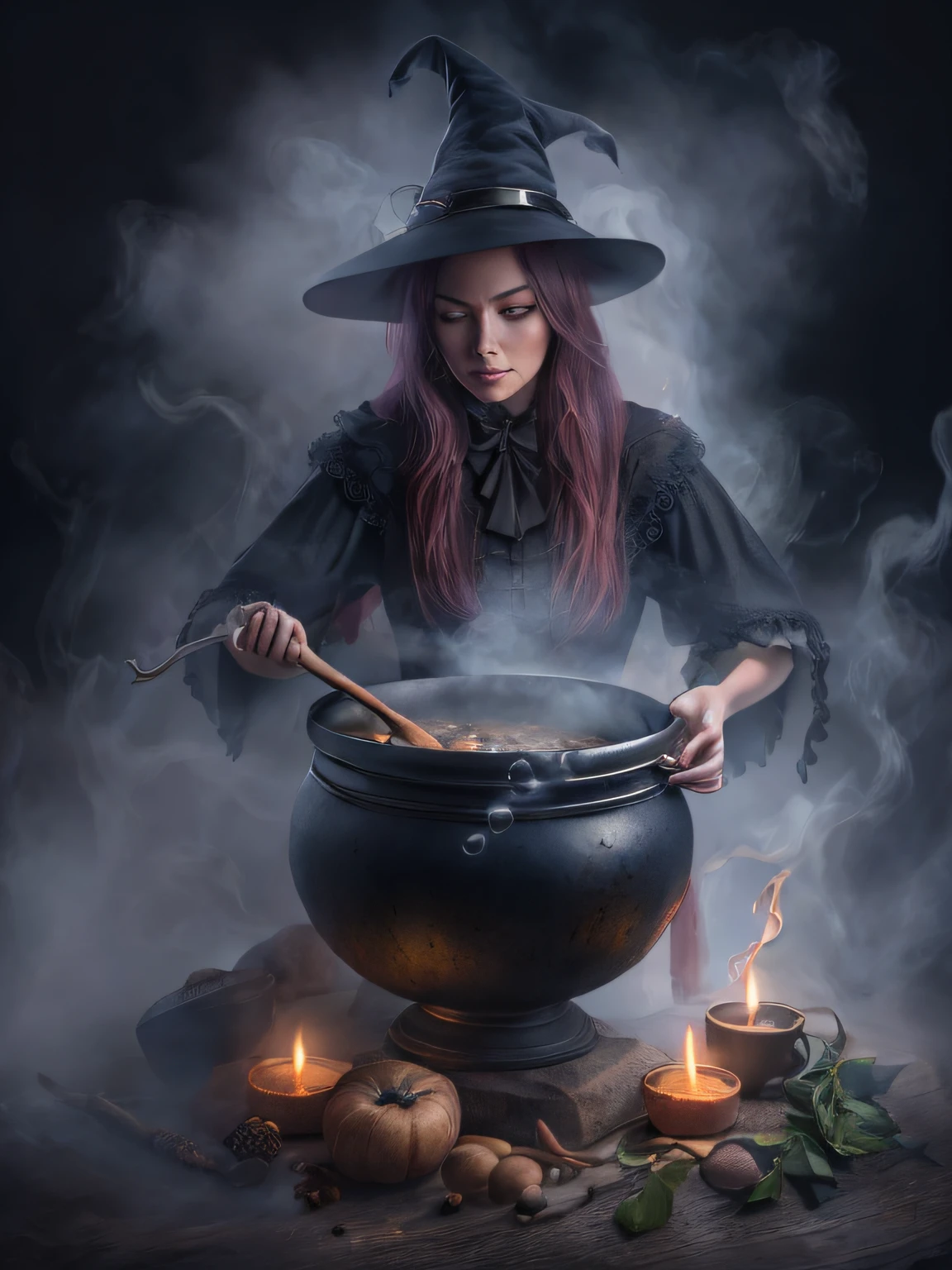 Photorealistic portrait, witch stirring a bubbling cauldron of mysterious ingredients, surrounded by a swirling fog.highly detailed, 4k, dynamic pose, RAW photo