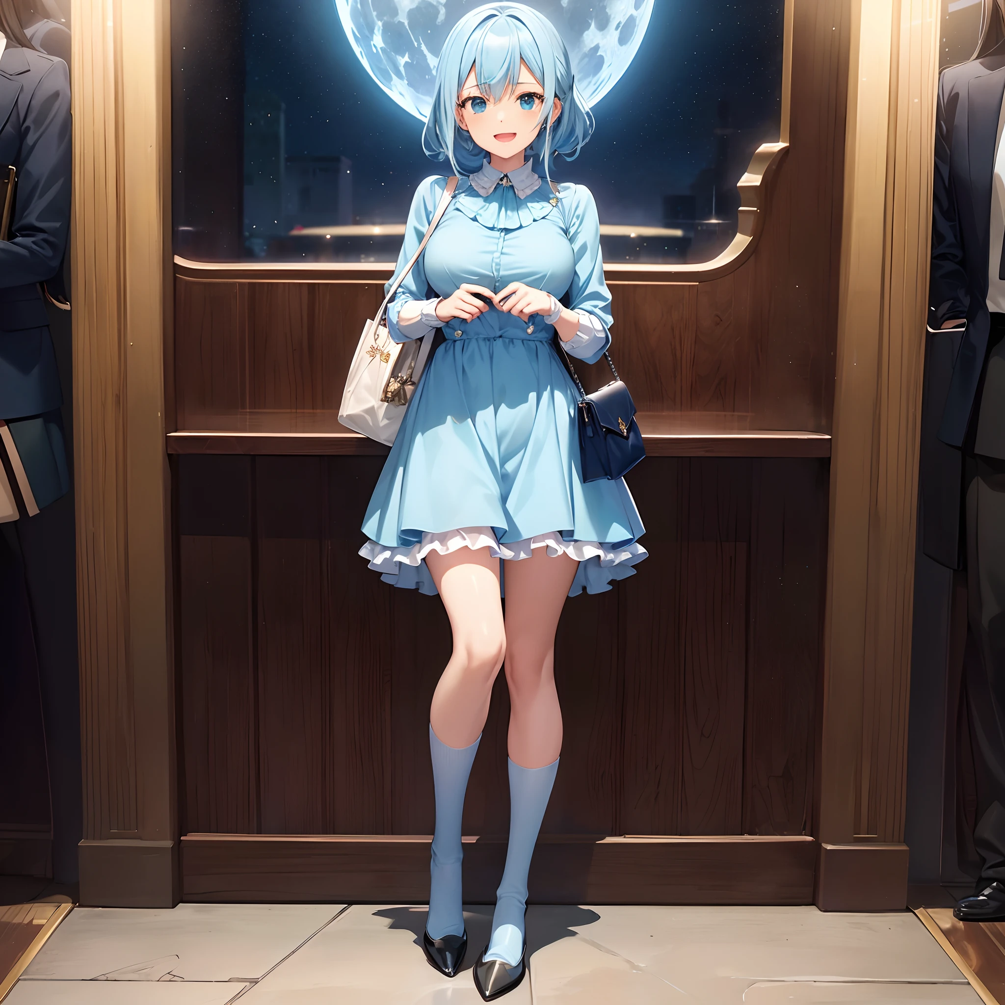 {{{{{masutepiece,Best Quality,ultra-detailliert}}}}},Happy laughter,Beautiful woman in flight jacket and ruffled light blue georgette fabric dress、Stand at the mall with a Hermes Kelly bag. She wears knee-high socks,The night sky is shining with the moon and stars,
