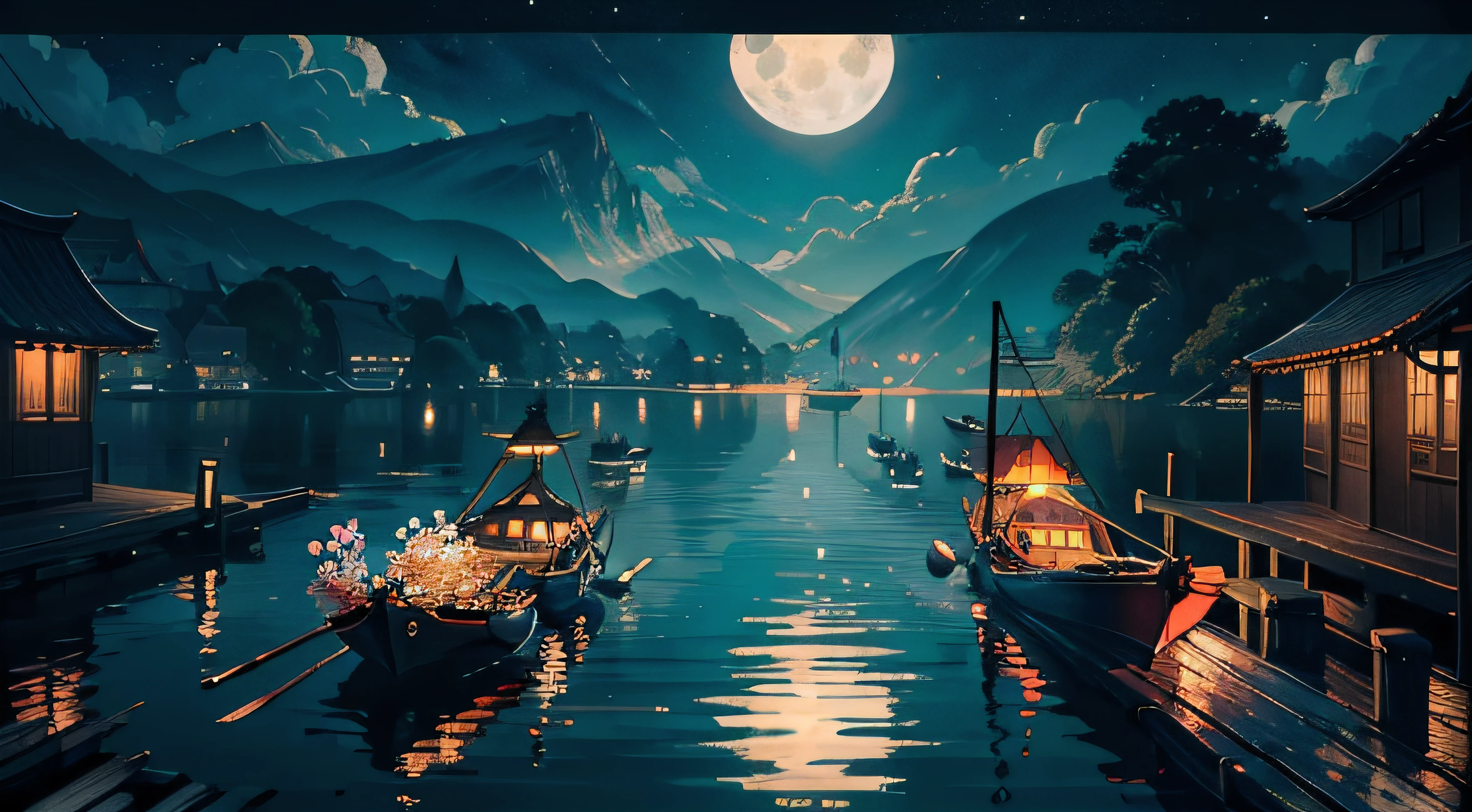 Real photo, Dragon boat on the river on the Mid-Autumn Festival night with the bright moon and bright galaxy on the horizon, the scene with boats and flower lights floating on the river creates a fantastic, detail, contemporary art, colorful, anime style with colorful contrasts like alternating orange and light blue, vivid, white mixed red and black, masterpiece, 32k, light and shadow details, angular details of the lines on the objects