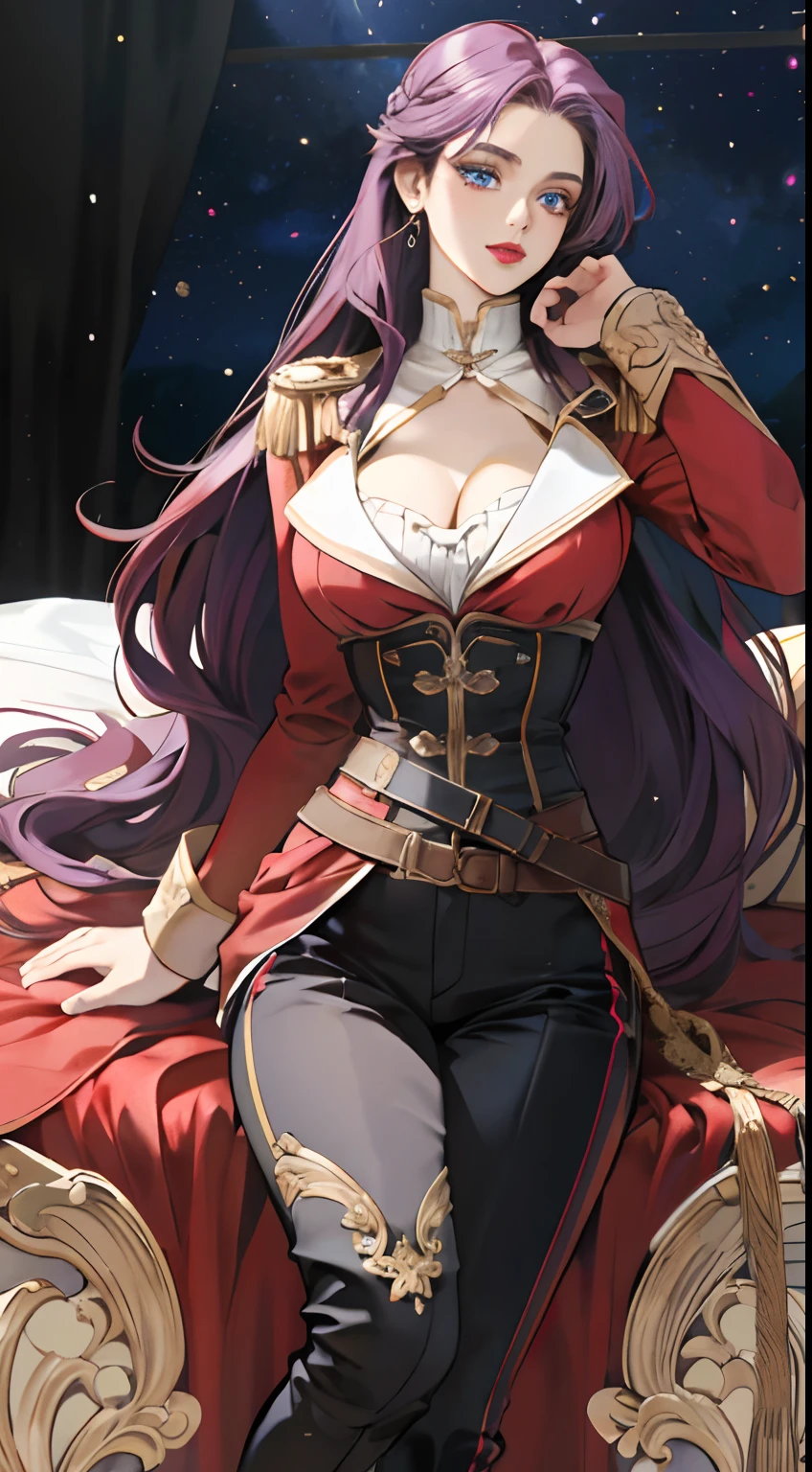 8k, best quality, masterpiece, highly detailed, semi realistic, a girl, young female, 20 years old, absurdly long purple hair, hair between eyes, banks, blue eyes, big breast, cleavage, red lips, gorgeous military uniform, corset, slim figure, cool expression, skinny pants, thigh high boots,