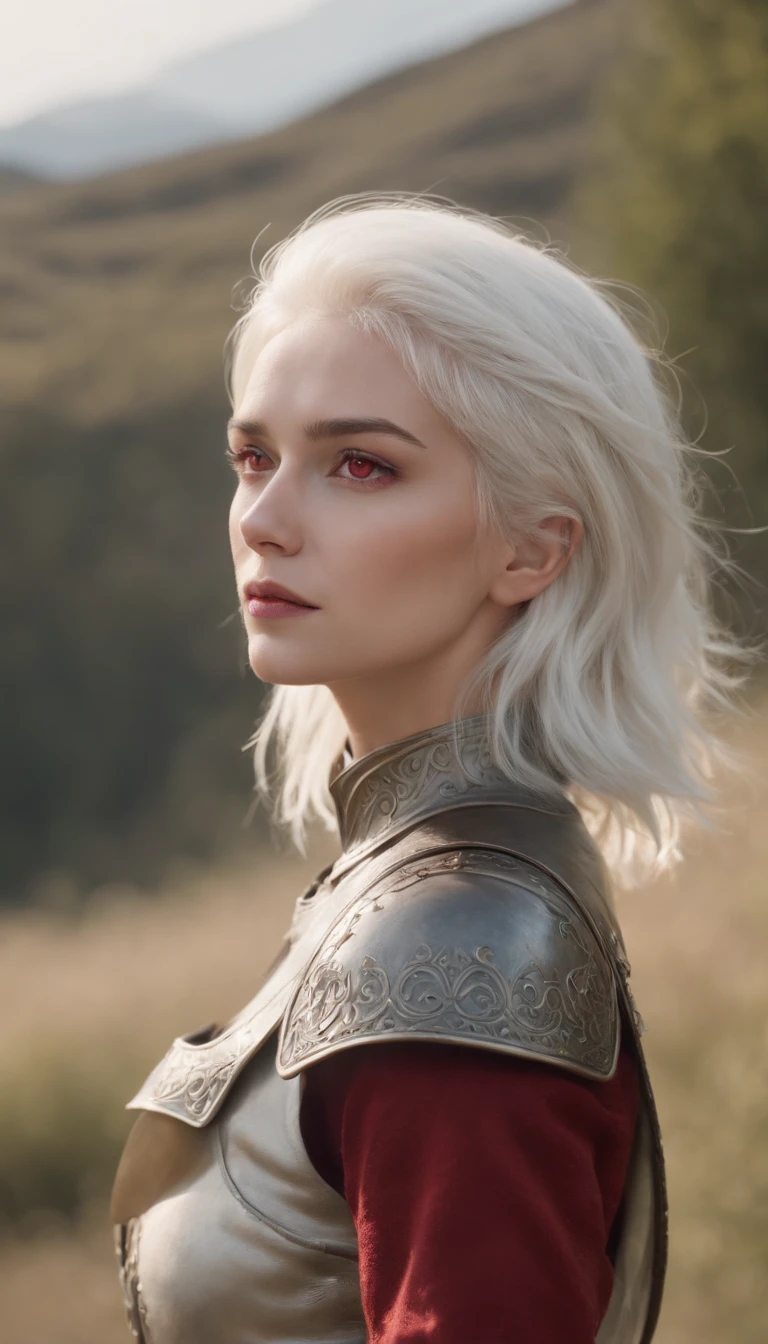 Masterpiece , A girl, in a field, ( Short pale white hair:1.2), (Red eyes:1.2), (Claussad:1.2), (looking at viewert:1.2) , (8K, Best quality 1.2), Ultra-detailed, 8K  UHD, Soft lighting, High quality, filmgrain, Beautiful lighting, Cinematic ,Perfect body , Best illumination, Best shadow, Sharpness, Contrast, Red glasses, Messy hair, , absurdres high detailed face, steel armour, big sword