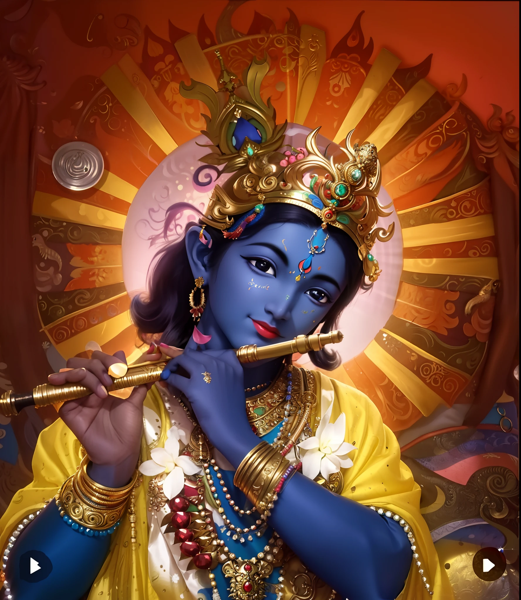 "Depict Lord Krishna as described in the Bhagavata Purana. He should have a dark, cloud-like complexion with skin that appears blue-black, radiating a divine aura. His eyes are large, lotus-like, and filled with compassion, slightly elongated to give a mesmerizing appearance. His long, curly hair should be jet black, adorned with a prominent peacock feather. He is wearing bright yellow silk garments that flow gracefully around him, contrasting beautifully with his dark complexion. Krishna should be adorned with various divine ornaments, including a crown set with precious gems and armlets. His crown should also feature a peacock feather prominently. He holds a flute in his hand, symbolizing his connection with music and his enchanting presence. His expression should be joyful and serene, with a sweet, captivating smile that radiates love and warmth. The background should be ethereal, perhaps with soft clouds or a gentle natural setting that enhances his divine nature."eyes are sun and moon