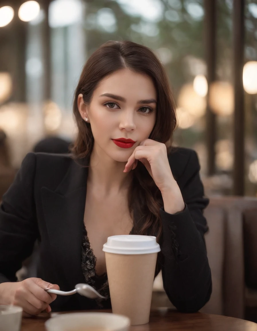 2010s fashion, medium close up, canon ef 85mm f/1.2l ii usm, a woman is sitting with her coffee in a restaurant,(There are no hands in the shot), wearing a black jacket and red lips, emphasis on facial expression, street fashion