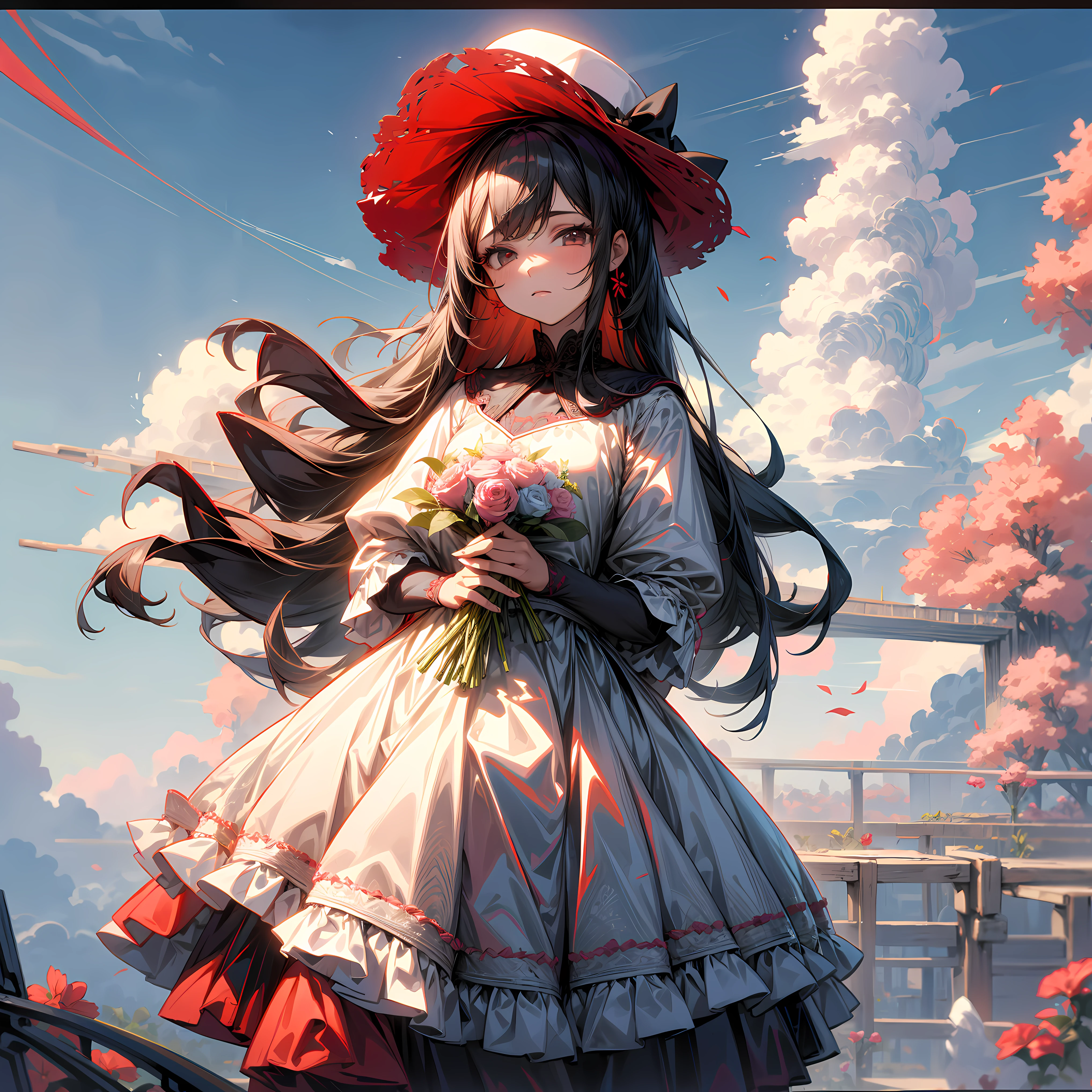 Anime girl in a red hat and dress holding a bouquet - SeaArt AI