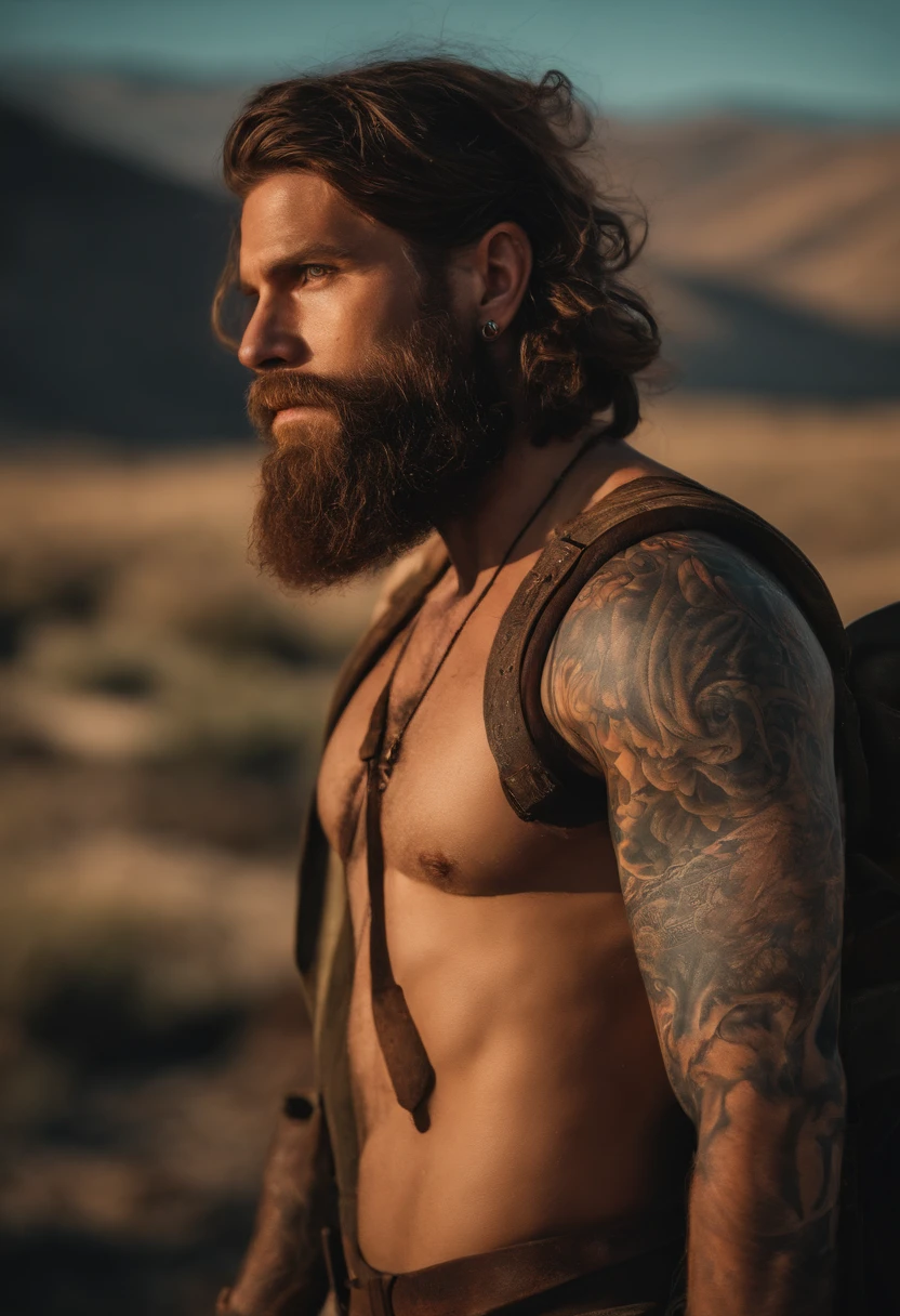 A 30-year-old man with a beard and long chestnut hair with a scar on his left eye and tattooed arms in a post-apocalyptic universe