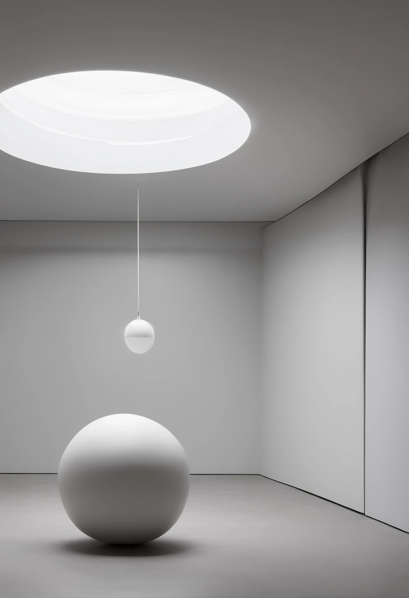 The interior space is dominated by white walls,The floor material is concrete,Place three circular warm light spherical lights on the ground,Next to it is a gray vase,Three staggered circular balls of warm light hang from the ceiling,In the middle stood a girl with long hair and a white dress,Look at the lights。