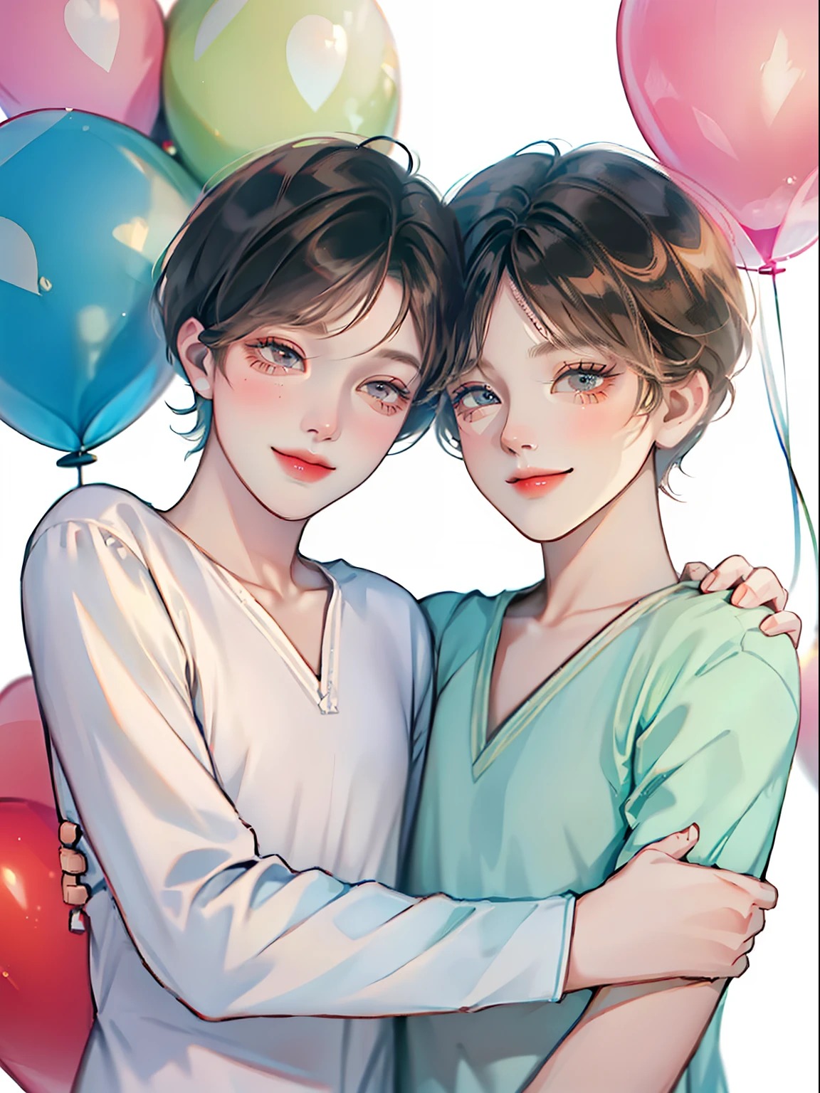 two guys;two guys,A boy with short hair,One long hair Girl; The two held hands,Cuddle together;;Happy sweet facial expression, A big smile,; Balloon in hand; Without background;; short, Full-length photography; Anatomical realism, The is very detailed, High quality textures