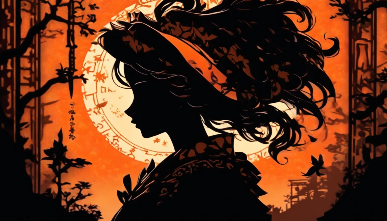 (Silhouette Art,cutouts:1.6)
(((Paper cutting art,A world where only black exists:1.3)
(Cowboy Shot),1 girl,Solo,
(Girl dressed as a witch,profile:1.2),white, Clear and beautiful face,Sunrise behind
break
(Traditional Japan inn)
Textured glass background,Arcana World