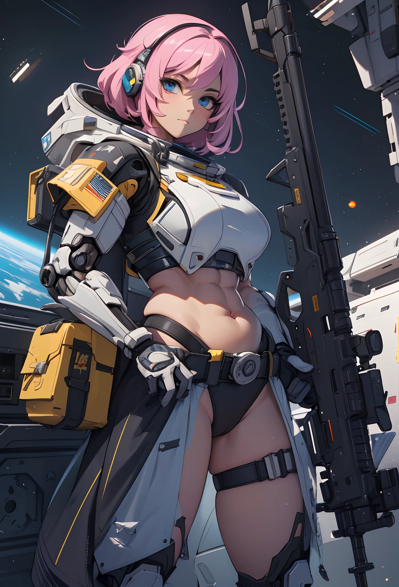 (Artwork of exceptional craftsmanship),(Detailed illustrations,(Very ideal anatomy),Very detailed and detailed drawing,Delicate lines with slow and rapid,(Realistic texture expression)),[Color tressed main line],(Space Battlefield [Space Mobile Fortress]),[独奏],HENTAI (((ANIME) BIONICGirl) Beauty 15 years old ((well-muscled) [plump])) (Astronauts Cyborg) [Space Marine Corps Military [MASCHINEBODY]],Bullet Belt Javelin [[Firearms, Machine Guns, Bazookas] Saber Rifle ][[Rocket Pack]],Zero Gravity Front,gravure [[White Devil] [Outer space combat]] Battle Damage,[retro-futuristic],(Fine and beautiful skin expression [Transparency]),(Beautiful perfect face [Realistic face details:0.8]),[[Perfect eye details [Eyes beautifully drawn down to the smallest detail]]],[Fine hair details],(Perfect hand details),(Perfectly proportioned:1.2),([Advanced structural understanding of materials],Ideal color coordination),([Precision Detail],HighQuality,hight resolution),[(Accurate simulation of light-material interactions),Mechanically correct representation,Perfect Anatomy],[Graffiti art with a sense of narrative].