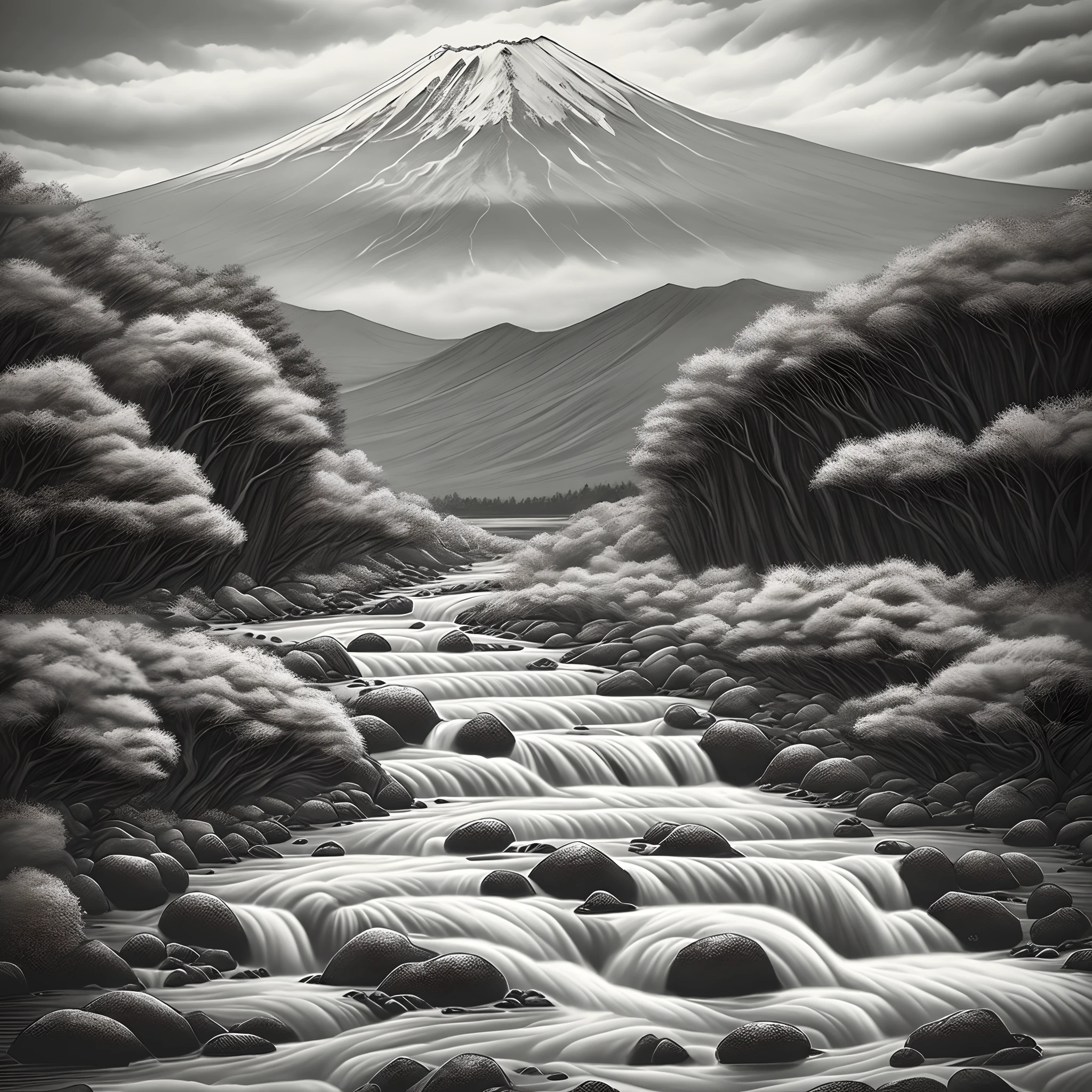 A logo,charactor,Mt fuji,The stream flows smoothly, simple,black-and-white