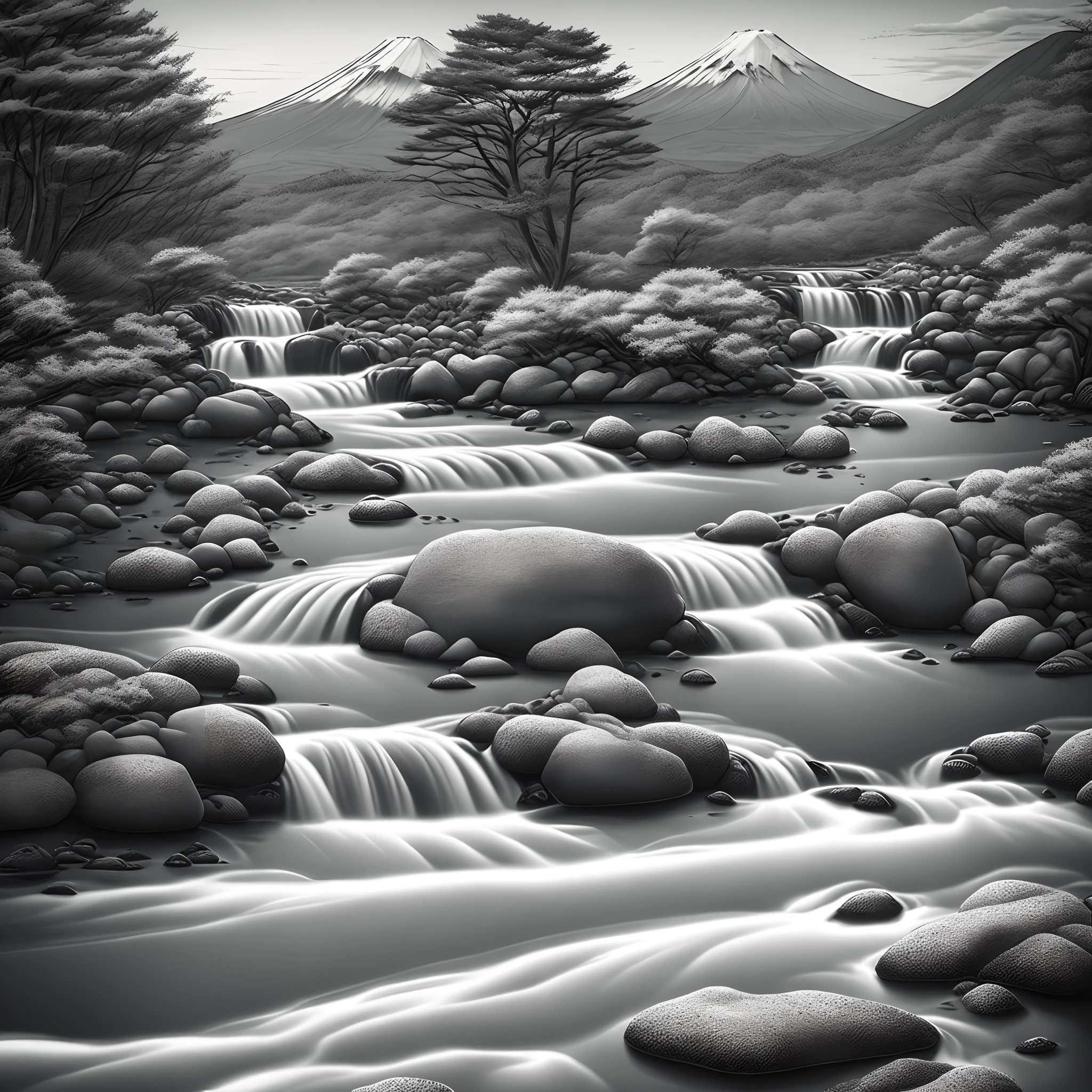 A logo,charactor,Mt fuji,The stream flows smoothly, simple,black-and-white