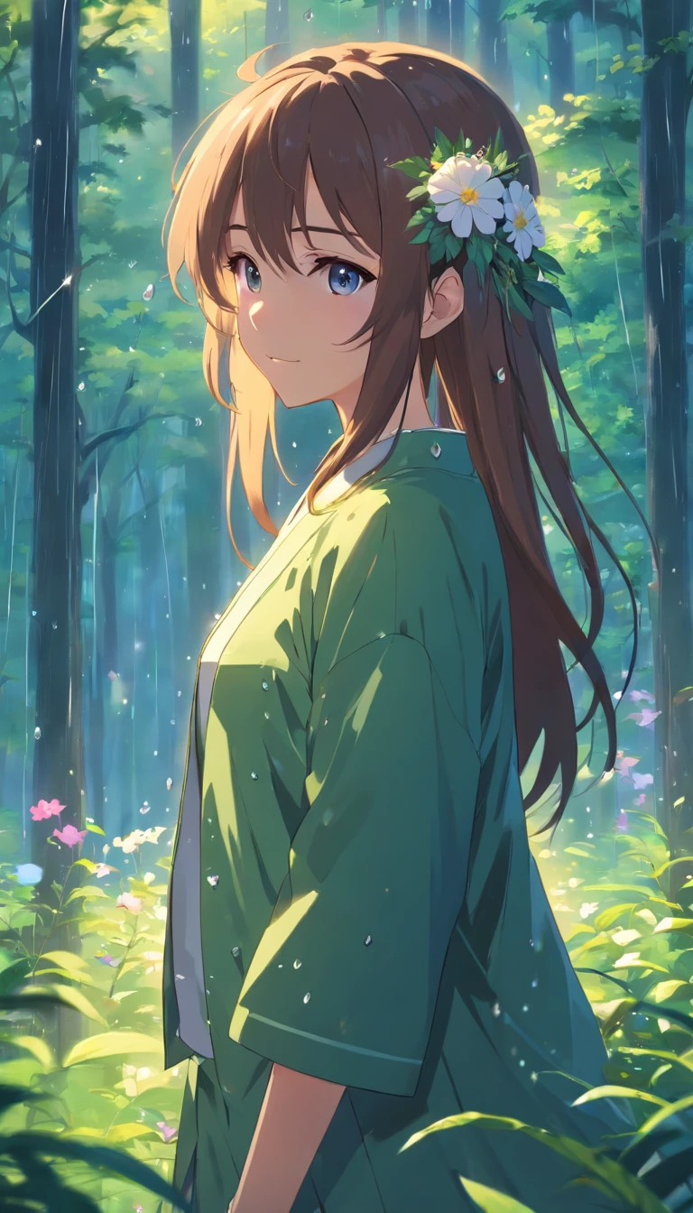 anime girl with long hair and flower in her hair, Beautiful anime artwork, style of anime4 K, Anime art wallpaper 4k,Rainy days,janelas,the woods,Rain drops