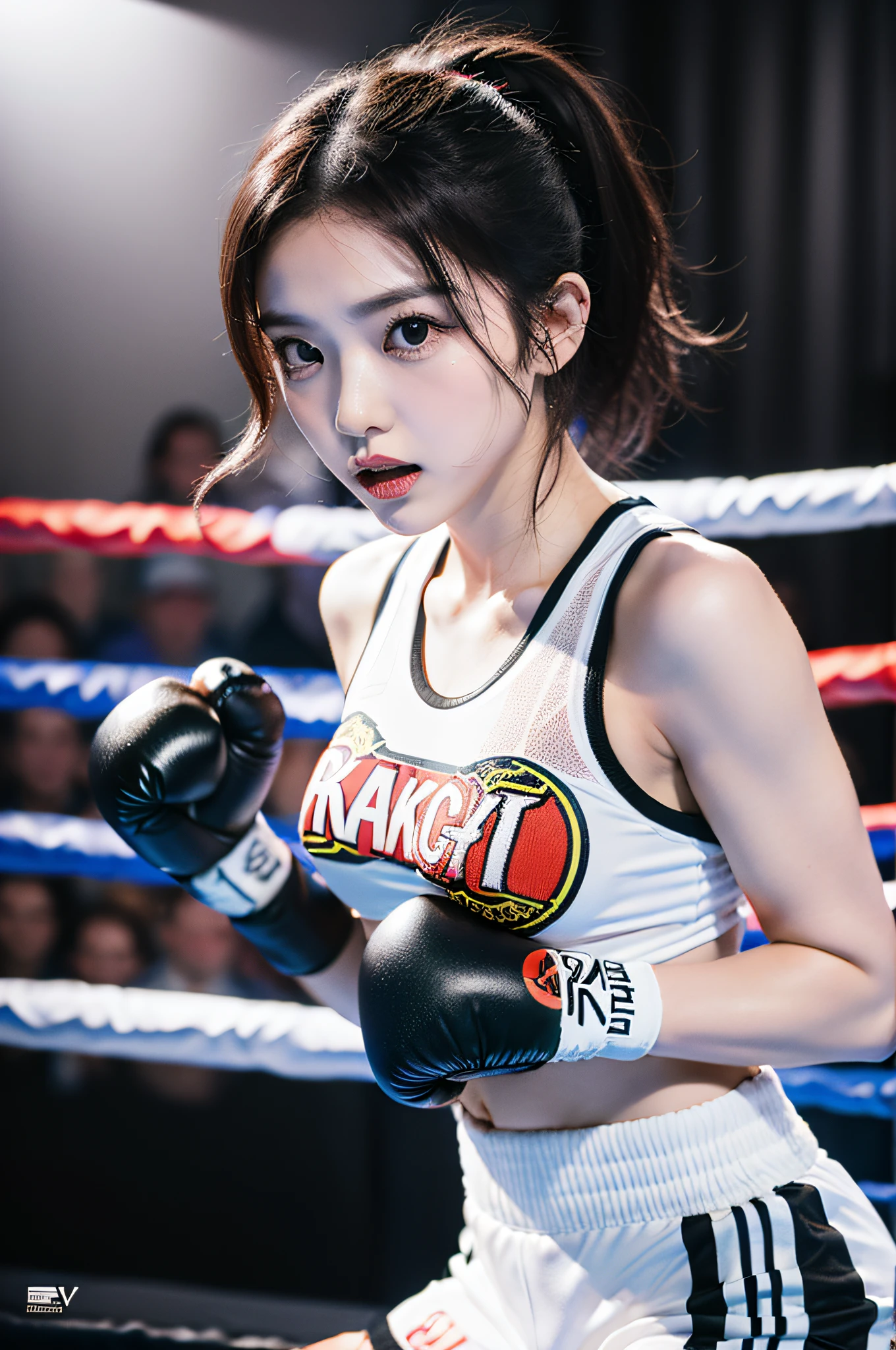 Content: A vivid and realistic portrayal of Kamei Eri dressed in a boxing attire standing in a boxing ring. She is adorned with protective headgear and bright colored boxer's trunks that bear her name. She wears boxing gloves and is ready to fight, showcasing a determined yet cute expression. The background features corner stools, scorecards, and a referee in a black or white uniform, adding to the authenticity of the boxing environment.
Medium: Photography
Style: Hyper-realistic, drawing inspiration from high-resolution sports photography, capturing the essence of a live boxing match with a touch of idol cuteness.
Lighting: Dynamic lighting that highlights the main subject, Kamei Eri, with a spotlight effect, creating a dramatic and intense atmosphere.
Colors: A vibrant palette with a focus on the bright colors of the boxing attire contrasted against the darker, moody background of the boxing ring.
Composition: High-resolution 16k photography captured with a high-end camera, utilizing a lens that offers a sharp focus on the subject while providing a depth of field that blurs the background slightly, emphasizing Kamei Eri in the foreground. The shot is taken at an angle that showcases the full ring and the intensity of the moment.
--ar 16:9 --v 5.1 --style raw --q 2 --s 750