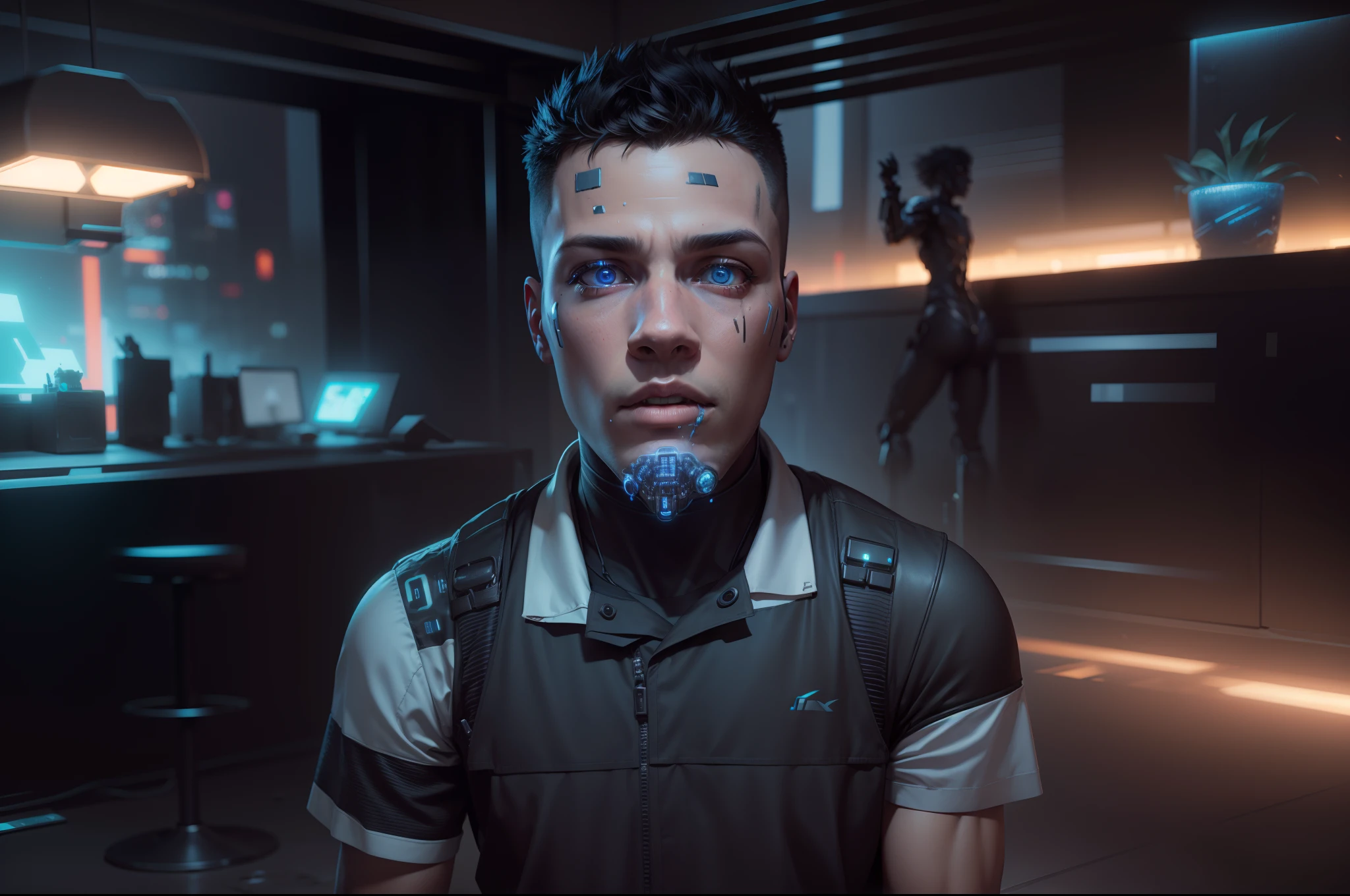 Change background cyberpunk robot boy, realistic face humanoid, 8k, ultra realistic