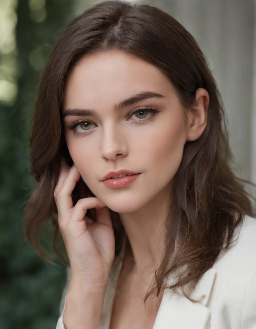 Cassady McClincy, 18 anos , com cabelo long bob PRETO, olhos verdes vivos e puxados, dress in white suit and DISCREET tailoring pants , cabelos longos castanhos,close-up