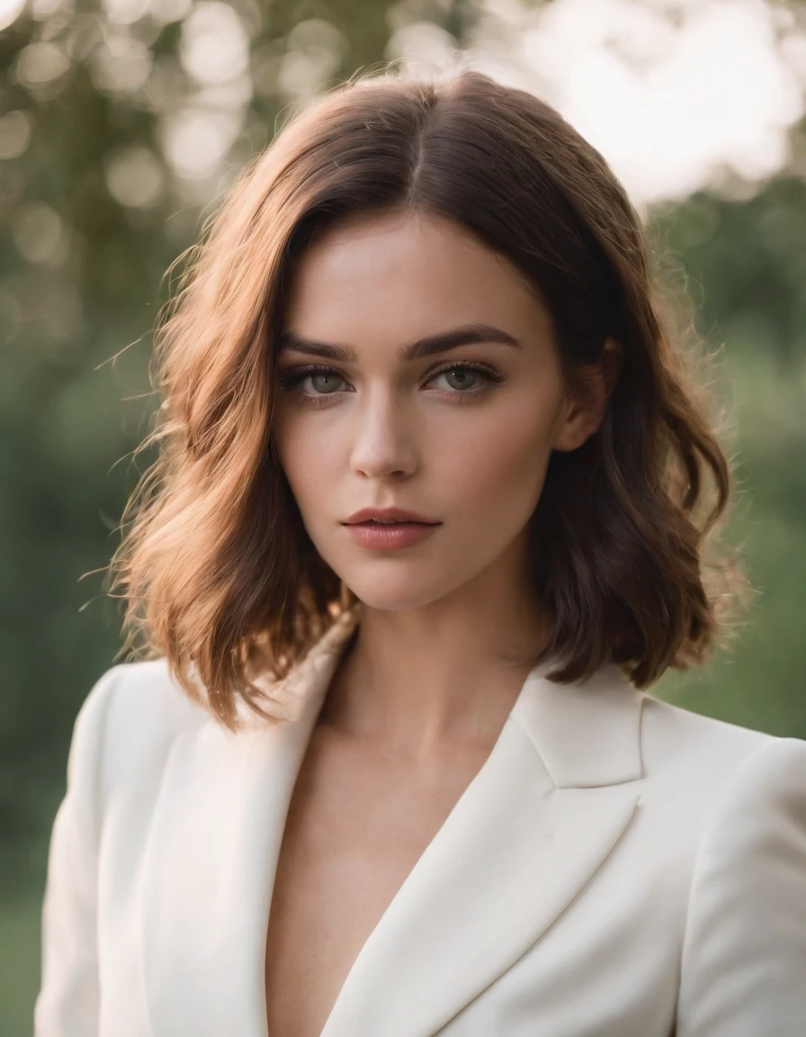 Cassady McClincy, 18 anos , com cabelo long bob PRETO, olhos verdes vivos e puxados, dress in white suit and DISCREET tailoring pants , cabelos longos castanhos,close-up