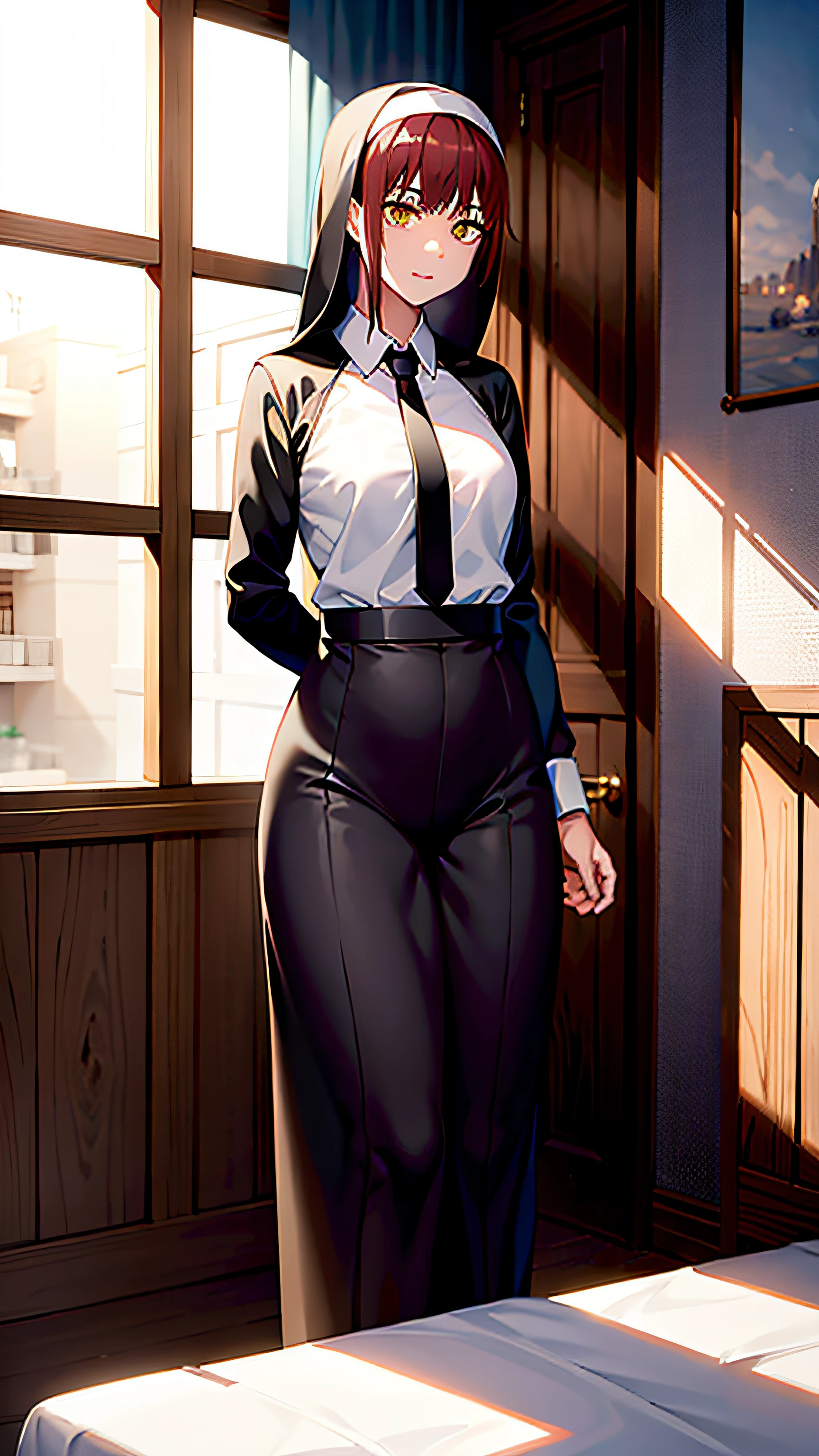 Nun Costume、Detailed shiny skin、(realisitic、Photorealsitic:1.4)、 s、is standing、looking out the window、white shirt、shirt with collar、Black tie、Black pants、long-sleeve、slight smile (Nasal redness)、yellow eyes +Ringed Eyes、short-hair + Red-haired + Long braided hair、Makima \(chain saw man\)