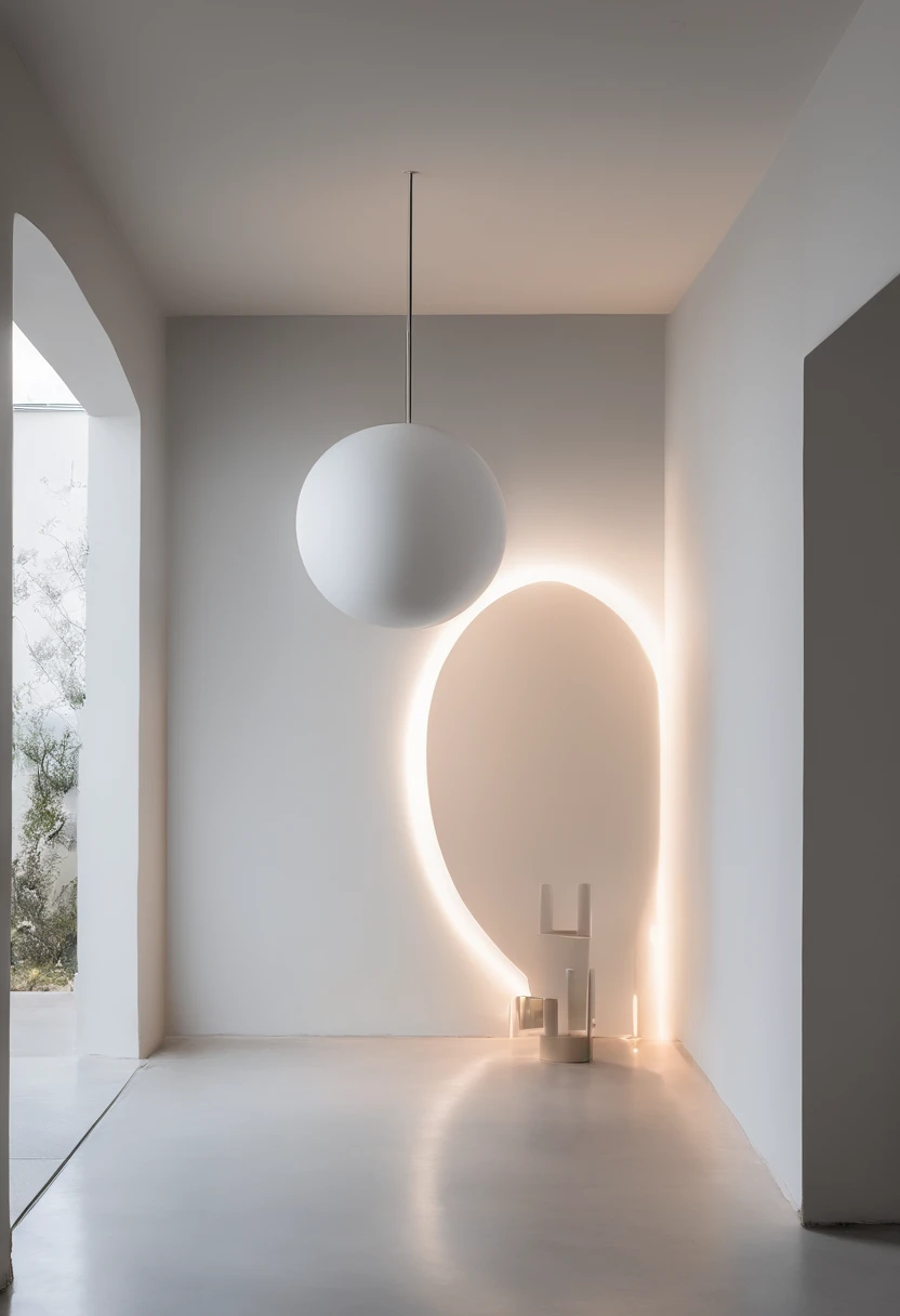 The interior space is dominated by white walls,The floor material is concrete,Place three circular warm light spherical lights on the ground,Next to it is a gray vase